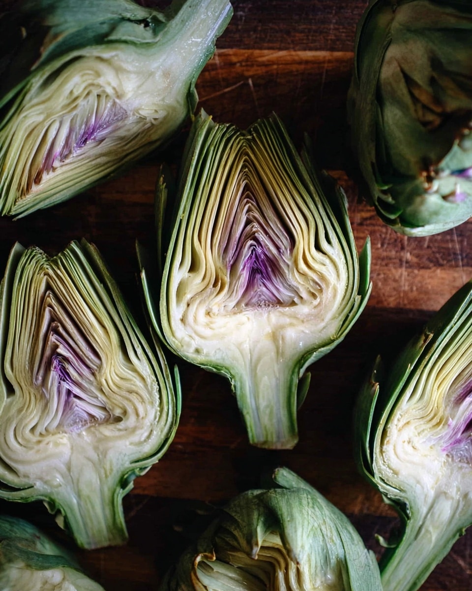 The image shows several artichoke halves placed flat on a dark wooden cutting board, each half exposing layers of green leaves that fade into light yellow and white near the center, with a hint of purple towards the top middle part of the vegetable. The layers are thick and tightly packed, showing the natural textures and fibers of the artichoke. The photo is close-up, capturing the details and slight variations in color and texture in each half. photo taken with an iphone --ar 4:5 --v 7