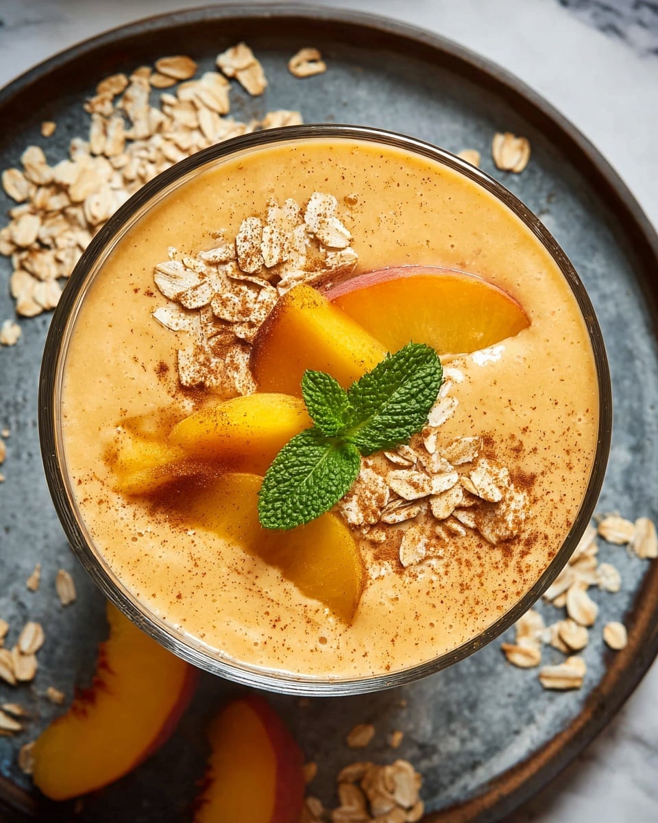 A clear glass bowl filled with a creamy, light orange smoothie that has a smooth texture. On top, there are four peach slices with a shiny surface, scattered light brown oats, a sprinkle of cinnamon powder, and two fresh bright green mint leaves placed in the center. The bowl is set on a round silver tray that has a dark color and a slightly reflective surface. Around the bowl, there are more oatmeal flakes and peach slices scattered casually. The background shows a white marbled texture. photo taken with an iphone --ar 4:5 --v 7