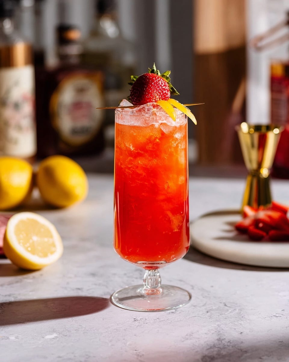 A tall, clear glass filled with bright reddish-orange liquid and ice cubes sits centered on a white marbled surface. On top of the drink, a fresh red strawberry and thin yellow lemon peel strips are carefully placed on a small skewer for garnish. The glass has a thin stem and rounded base. In the background, out of focus, there are bottles, a gold measuring cup, a lemon half on a white plate, a small pile of strawberries, and a round cutting board with a halved red vegetable. Soft natural light highlights the vibrant colors and icy texture of the drink. Photo taken with an iphone --ar 4:5 --v 7