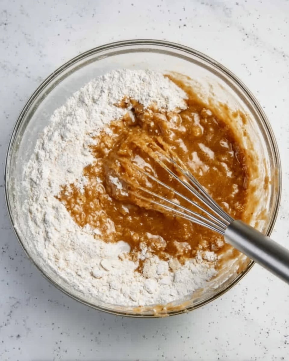 A clear glass bowl on a white marbled surface contains a mixture of flour and a brown wet ingredient being stirred with a metal whisk. The flour is mostly around the edges with patches on top, while the brown mixture is mostly in the center, showing a thick texture. The metal whisk is partly submerged in the mixture, angled toward the right side. photo taken with an iphone --ar 4:5 --v 7