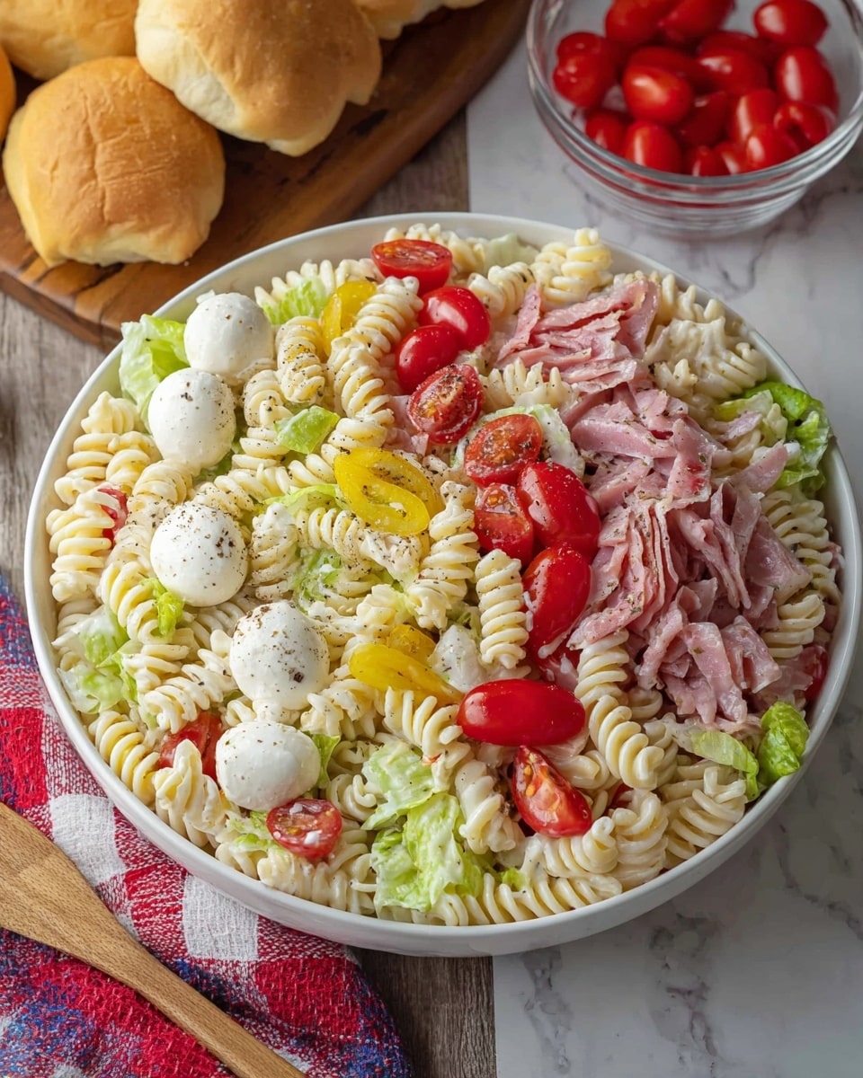 A white bowl filled with three layers of food: the base layer has creamy white rotini pasta mixed with small green lettuce pieces; the middle layer includes bright red cherry tomatoes and thin strips of pink deli meat scattered throughout; the top layer shows white mozzarella balls and slices of yellow pepper rings mixed in, all covered lightly with black pepper. The bowl is set on a white marbled surface with a wooden board holding soft bread rolls nearby and a small clear bowl of red cherry tomatoes next to a red and white checkered cloth. photo taken with an iphone --ar 4:5 --v 7
