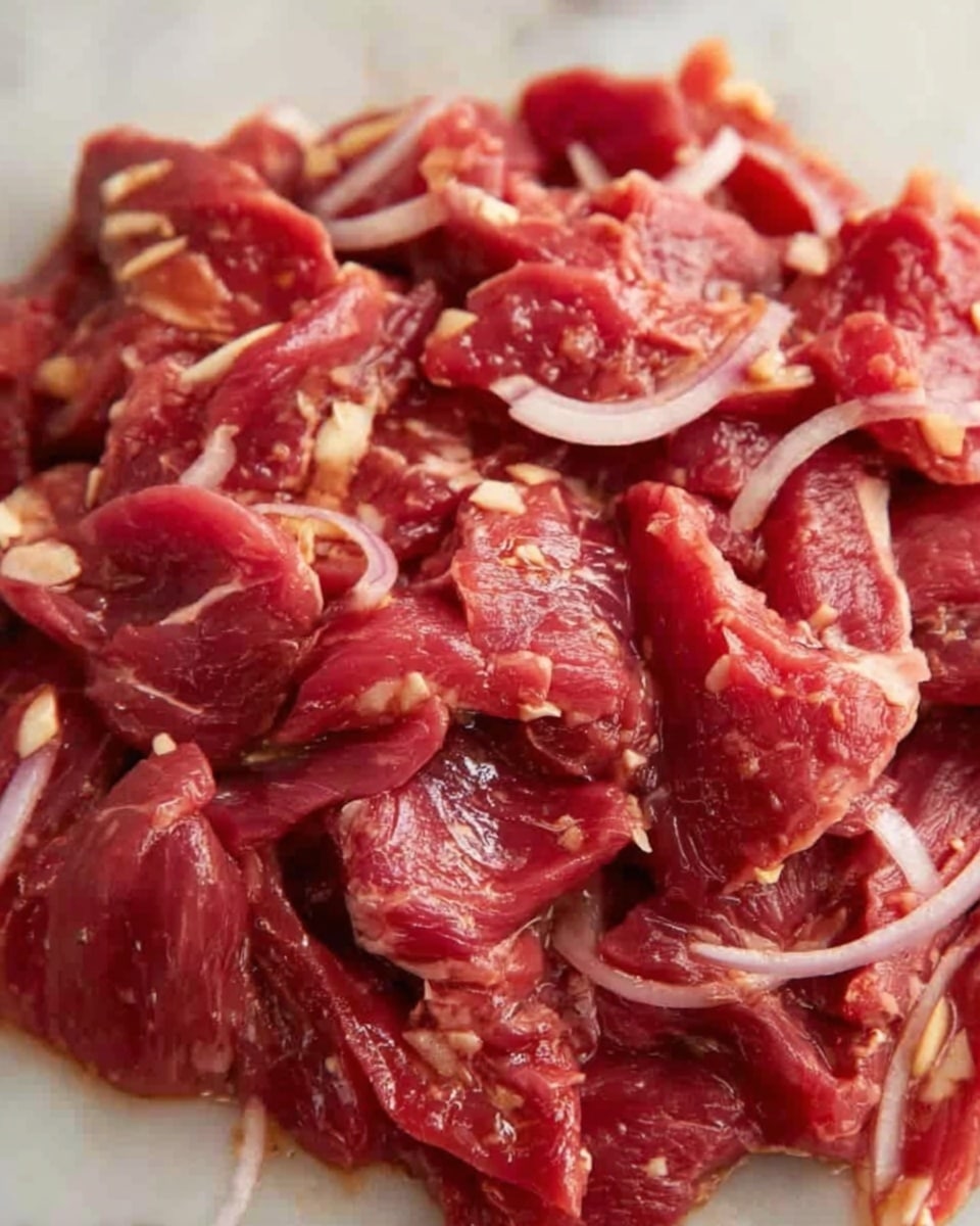The image shows a close-up of many thin slices of raw beef mixed with thin slices of light purple onion and small pieces of minced garlic. The beef is bright red with some white parts of fat. The mixture looks wet and glossy, like it has a sauce or marinade coating it. All the slices are piled together and fill the frame, showing a mix of smooth and slightly rough textures. The whole scene is on a white marbled surface. photo taken with an iphone --ar 4:5 --v 7