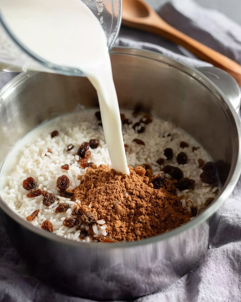 Inside a shiny silver pot, there is a mix of white rice, dark brown raisins, and a pile of brown cinnamon powder all sitting at the bottom. A white liquid is being poured over these ingredients from a clear cup, creating a creamy base. The pot is placed on a soft gray cloth, with a wooden spoon slightly visible in the background. The scene is bright with natural light, showing textures of the rice, raisins, and cinnamon clearly. photo taken with an iphone --ar 4:5 --v 7