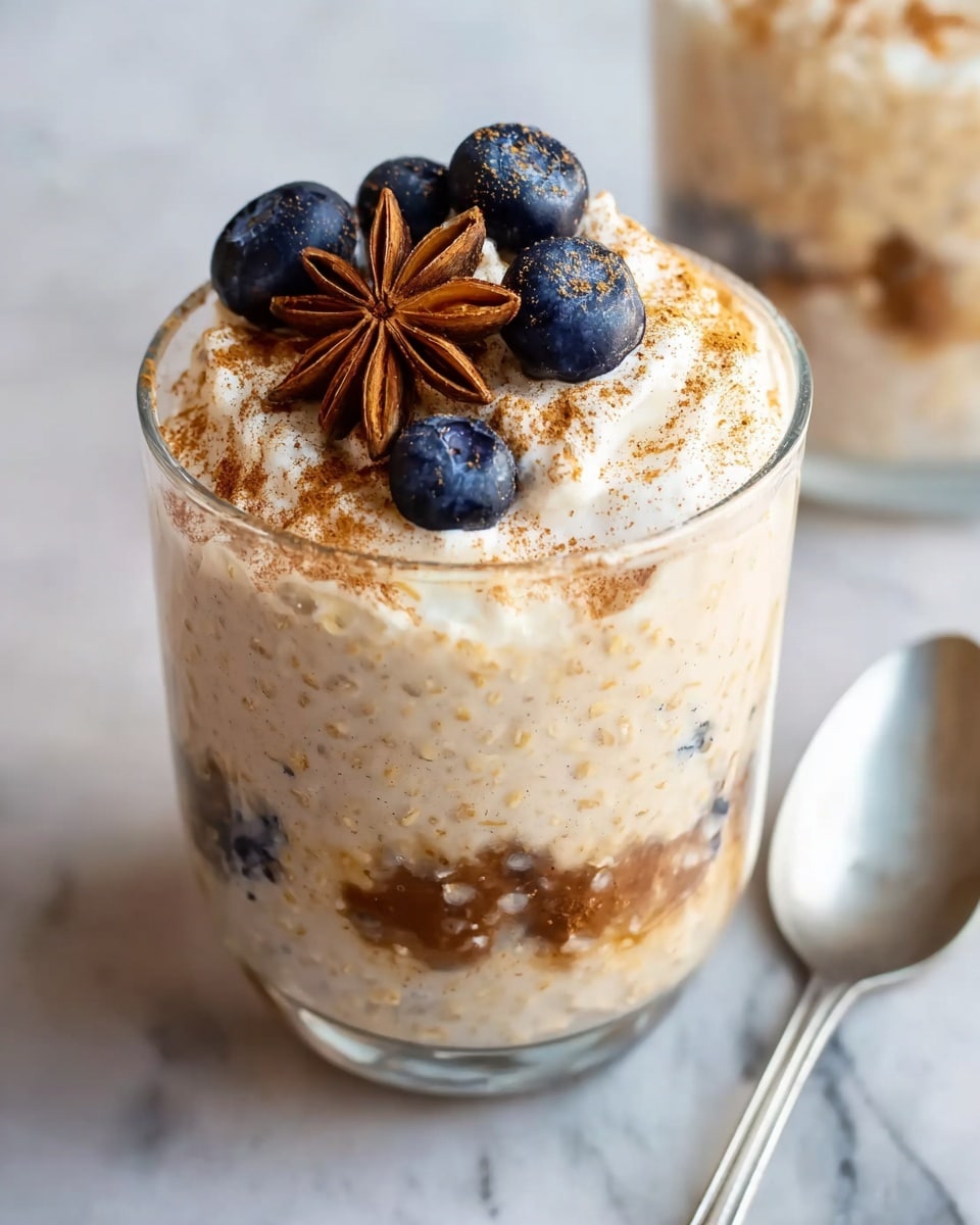 The image shows a clear glass filled with three layers; the bottom layer is creamy beige oatmeal with small visible chunks, the middle layer is a continuation of the oatmeal mixed with darker brown bits, and the top layer has a dollop of light whipped cream sprinkled with fine brown cinnamon powder. On the very top, there are five plump, deep blue blueberries and one large star anise placed in the center. The glass is set on a white marbled surface and a silver spoon lies next to it on the right side. Photo taken with an iphone --ar 4:5 --v 7