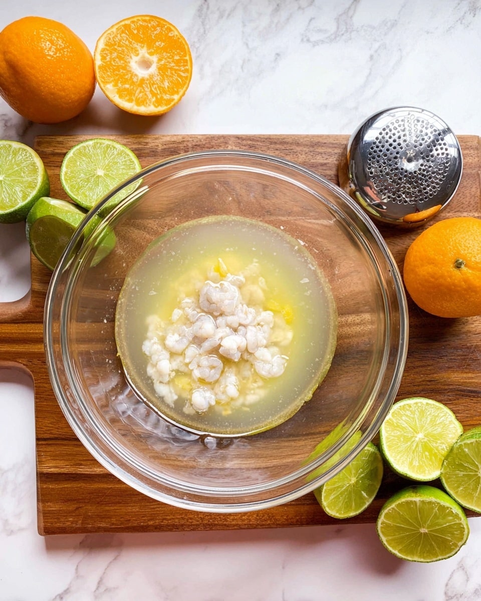 A clear glass bowl sits in the center on a wooden board, filled with a light yellow liquid and small white shrimp pieces clustered in the middle. Around the bowl, there are halved green limes and orange citrus fruits placed on the wood. To the right of the bowl, a shiny metal citrus squeezer rests on the board. The whole setup is on a white marbled surface. photo taken with an iphone --ar 4:5 --v 7