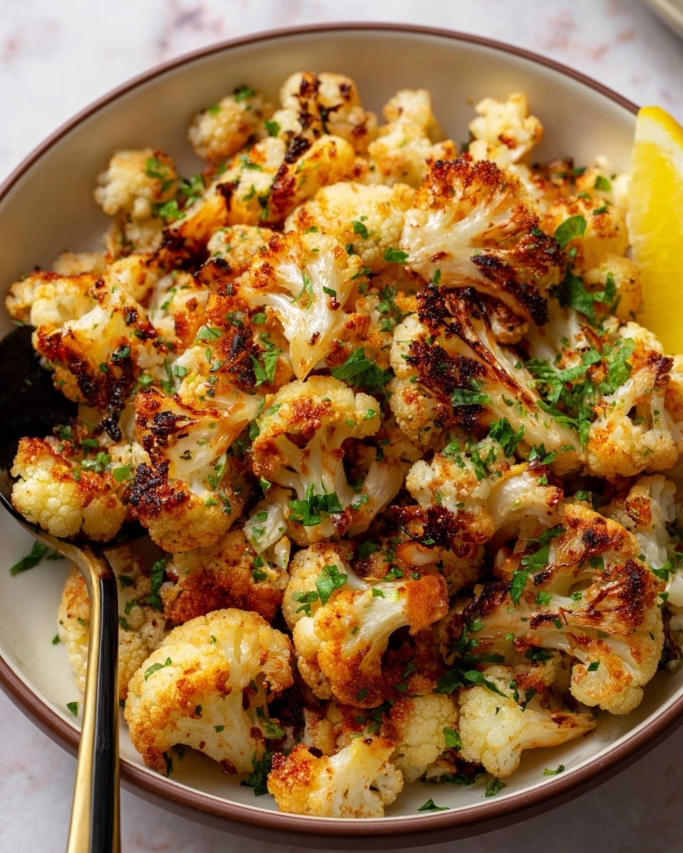 The image shows a bowl filled with roasted cauliflower florets that have a golden to light brown color with some charred edges, giving them a crispy texture. The cauliflower pieces are mixed with finely chopped green herbs sprinkled evenly on top. There is a lemon wedge placed at the edge of the bowl, adding a bright yellow color. Inside the bowl, there is also a black and gold spoon partially visible among the cauliflower. The bowl is white with a brown rim, and the surface underneath has a white marbled texture. Photo taken with an iphone --ar 4:5 --v 7
