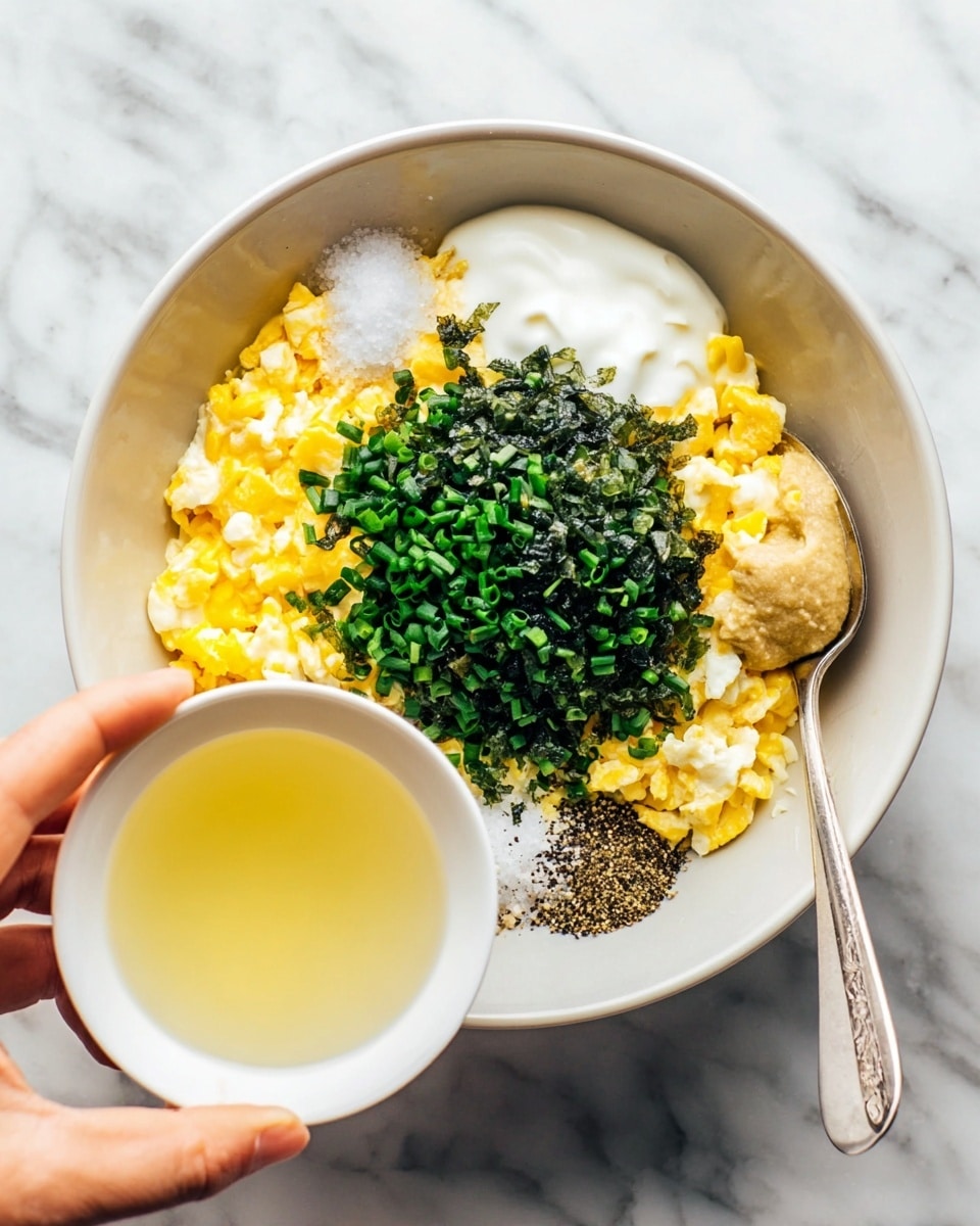 A white bowl on a white marbled surface holds chopped yellow and white eggs as the bottom layer, topped with a mound of dark green chopped chives near the center. To the right of the chives is a thick, white creamy layer next to a light brown dollop of mustard. Small piles of white salt and cracked black pepper sit in front of the chives. A metal spoon is placed inside the bowl on the left side, and a woman's hand holding a small white bowl filled with pale yellow liquid is positioned in the lower right corner, ready to pour. Photo taken with an iphone --ar 4:5 --v 7