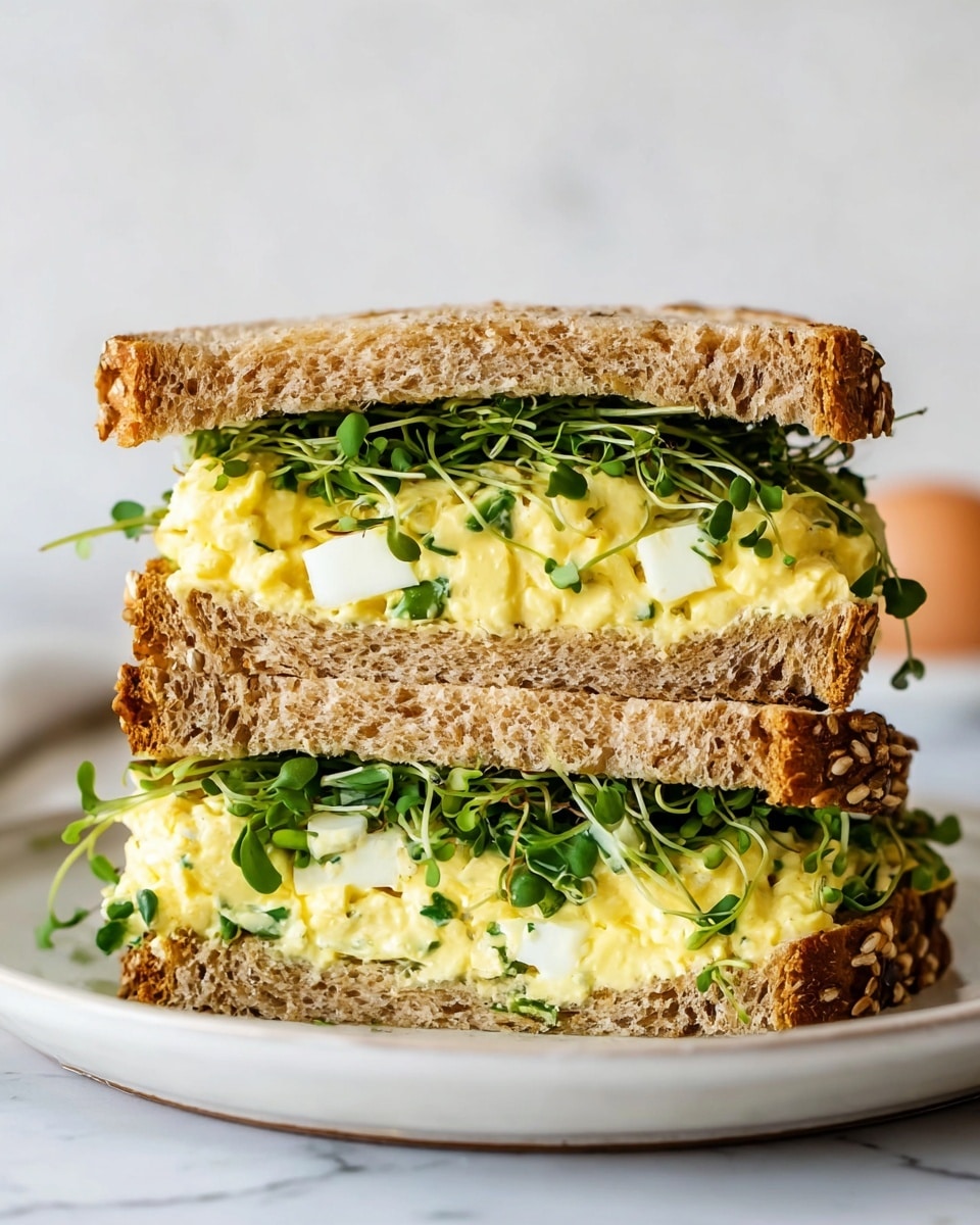 A close-up of a sandwich with two thick slices of seeded whole grain bread. Inside, there are two layers of creamy egg salad mixed with small white and green pieces, topped with fresh green sprouts that add texture and color. The sandwich is cut in half, showing the layers clearly stacked in the middle. It sits on a white plate on a white marbled surface, with a simple light background that makes the sandwich the main focus. photo taken with an iphone --ar 4:5 --v 7