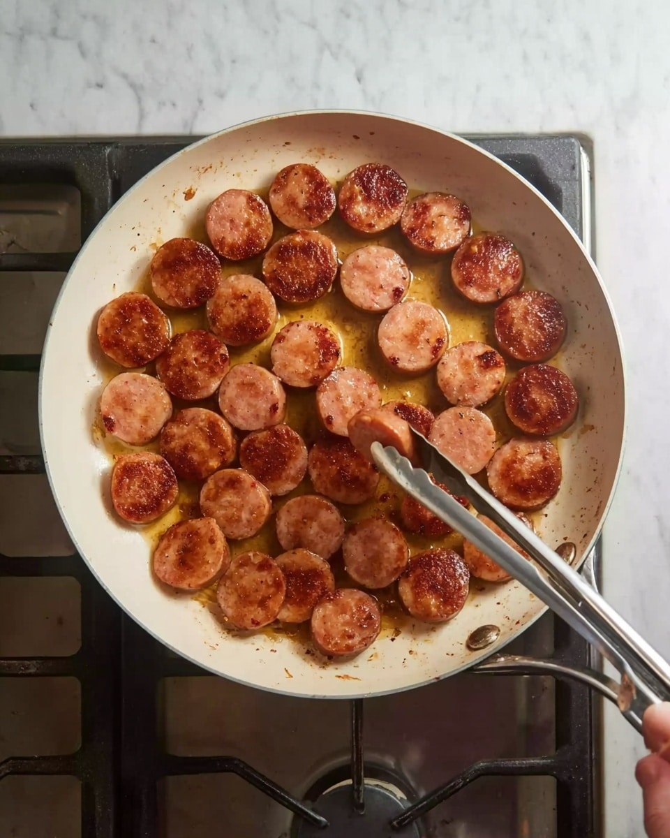 This image shows a white pan on a gas stove with many round sausage slices cooked to a golden-brown color, spaced close to each other so they cover most of the pan's bottom. The sausages have a slightly shiny, oily texture with some browned spots. A woman's hand is holding silver tongs, lifting one of the sausage slices from the pan. The stove grates are visible below the pan, and the whole scene is set against a white marbled texture background. Photo taken with an iphone --ar 4:5 --v 7