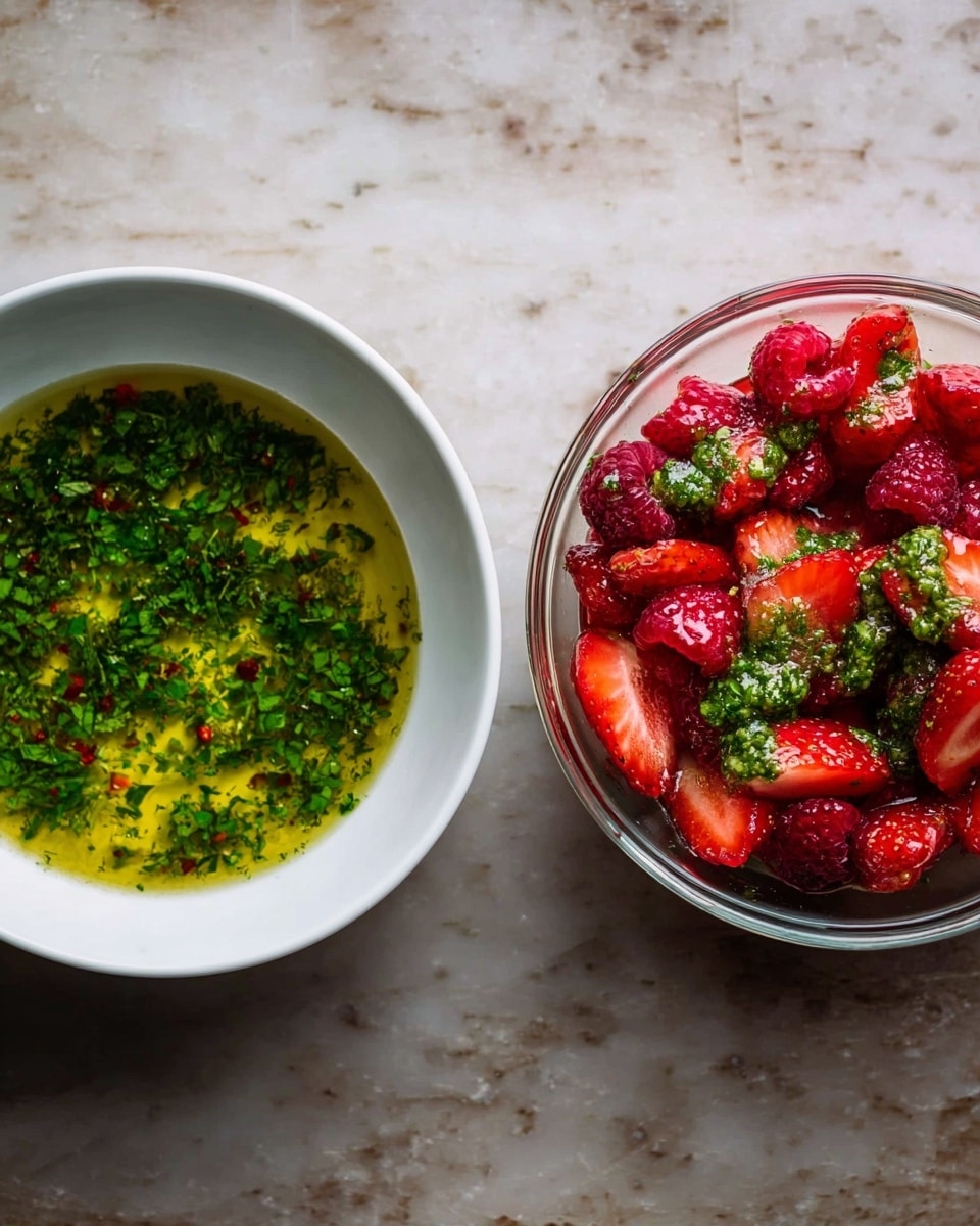 The image shows two bowls on a white marbled surface. The left bowl is white, filled with a green herb mixture in oil, with small chopped leaves floating evenly in a yellowish liquid, giving a fresh and oily texture. The right bowl is clear glass, containing bright red sliced strawberries and whole raspberries mixed with a green herb sauce spread on top, creating a colorful combination of red berries and green herbs with a slight shine. Both bowls are seen from above, highlighting the layers of herbs and fruit. Photo taken with an iphone --ar 4:5 --v 7