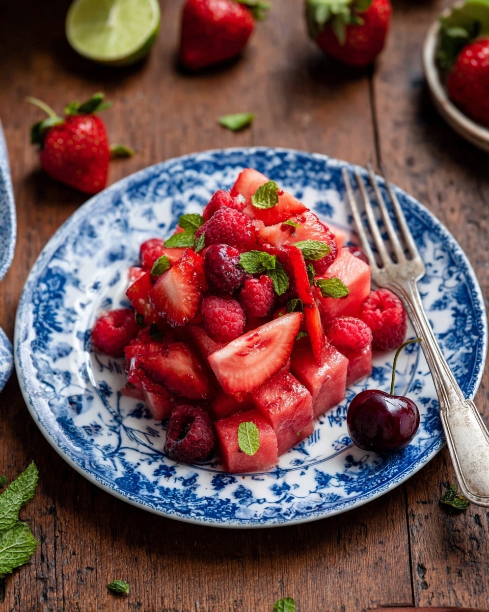 A white plate with blue patterns filled with a colorful fruit salad that has three layers: large chunks of pink watermelon pieces in the bottom layer, bright red sliced strawberries and whole raspberries mixed on top, and garnished with small green mint leaves scattered around. A silver fork resting on the right side of the plate holds a dark red cherry half. The plate is placed on a brown wooden surface with some lime wedges and a few scattered strawberries nearby. Photo taken with an iphone --ar 4:5 --v 7