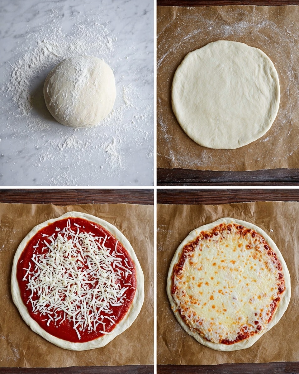 The image shows four stages of a pizza being made arranged in a grid. The first stage in the top left is a round ball of dough dusted with white flour on a white marbled surface. The second stage in the top right shows the dough rolled out into a flat round shape on brown parchment paper, with a light dusting of flour. The third stage in the bottom left displays the rolled-out dough covered with a smooth layer of red tomato sauce topped with shredded white cheese, all on the same parchment paper. The fourth stage in the bottom right is the fully baked pizza with melted golden cheese on top of the tomato sauce, a slightly browned crust, and sitting on the parchment paper. photo taken with an iphone --ar 4:5 --v 7