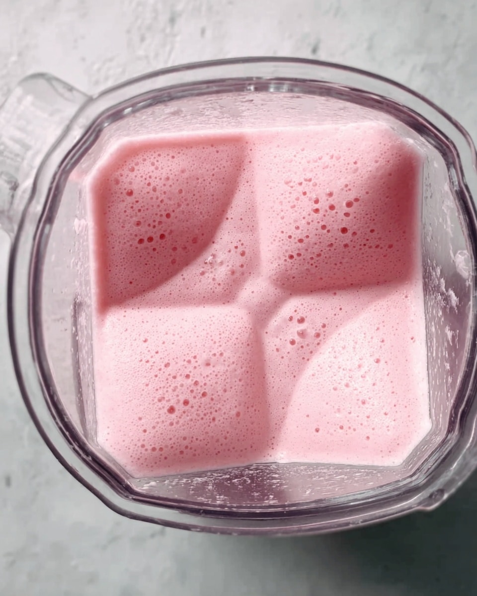 Inside a clear blender container, there is a light pink foam filling the spaces between the four blade compartments. The foam has a smooth, airy texture with small bubbles visible on the surface. The blender sits on a white marbled surface, adding a clean and simple look to the image. The photo is taken from above, offering a top view of the blender and its contents. photo taken with an iphone --ar 4:5 --v 7