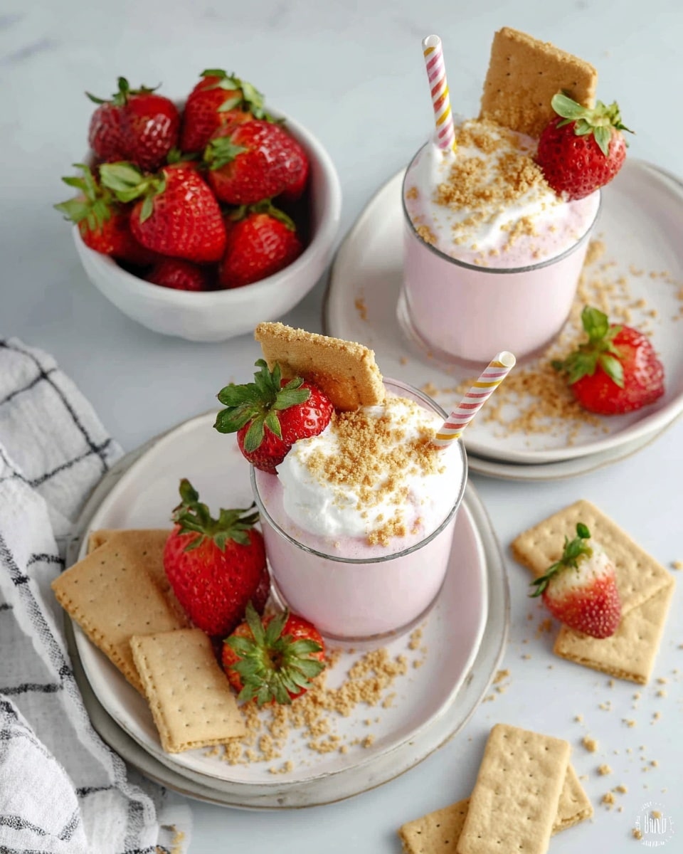 Two white plates each hold a glass filled with a pink strawberry milkshake topped with a white whipped cream layer. Crushed light brown cookie crumbs are sprinkled over the whipped cream, with a cookie piece placed on the rim. Each glass has a pink or yellow striped straw and a half strawberry garnish with green leaves. A white bowl filled with whole red strawberries with green tops sits next to the plates on a white marbled surface, with some light brown rectangular cookies scattered around. Photo taken with an iphone --ar 4:5 --v 7