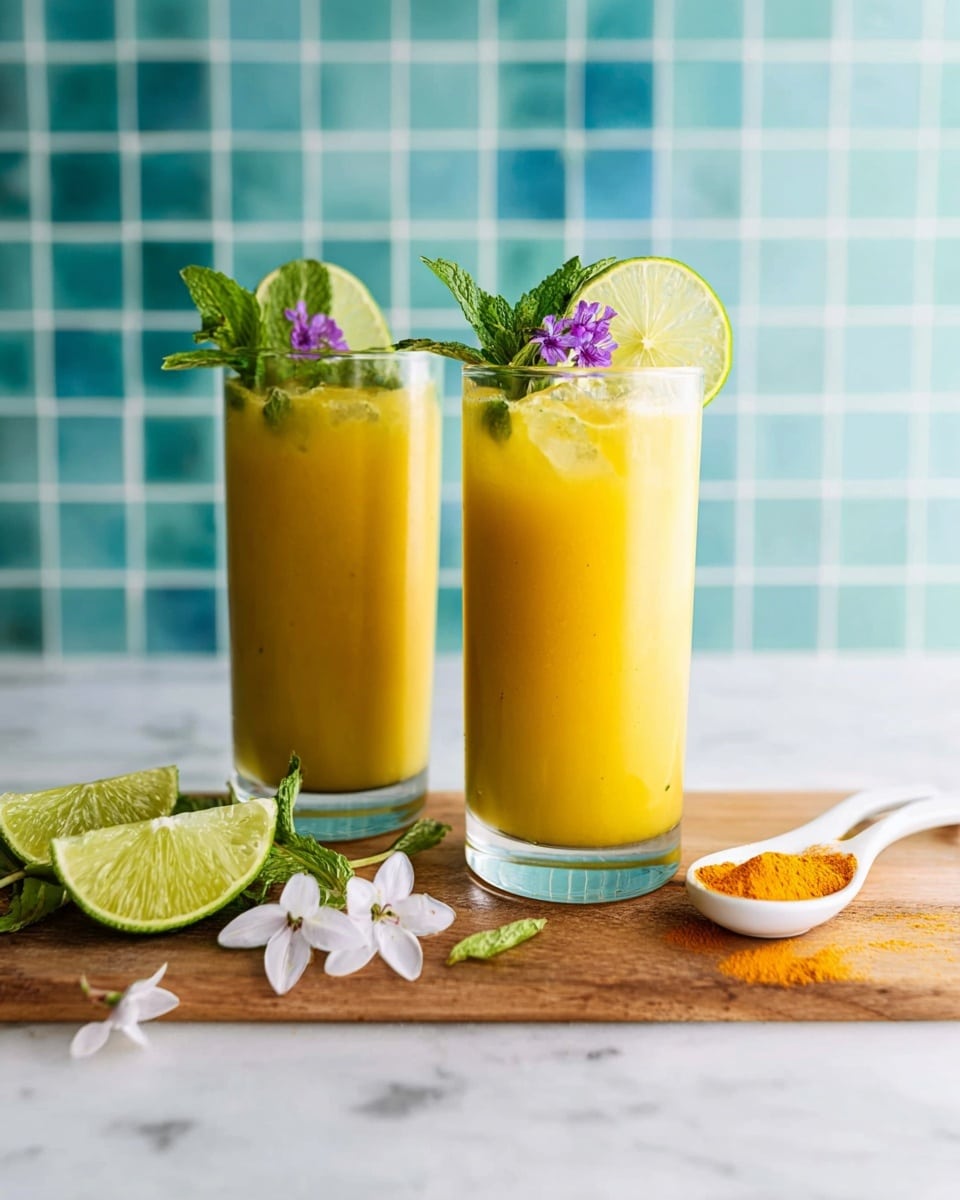 Two tall clear glasses filled with a smooth yellow-orange drink sit side by side on a wooden board. Each glass is topped with a fresh green lime slice placed on the inside rim, along with green mint leaves, small purple flowers, and white flower petals adding color and freshness. In the foreground, cut lime sections and white flower petals spread casually on the white marbled surface. A small white spoon with a bright orange powder rests next to the flowers. The background shows a blue and turquoise square tiled wall. Photo taken with an iphone --ar 4:5 --v 7
