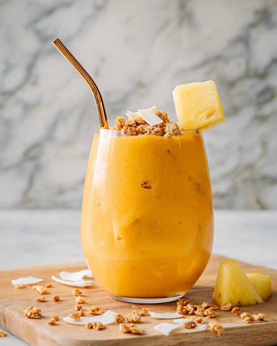A clear rounded glass is filled with a thick, bright orange smoothie that has visible icy chunks, giving it a textured look. At the top of the glass, there is a garnish of granola and pieces of white coconut, adding a crunchy texture. A metal straw with a shiny gold finish is placed in the glass, with a chunk of light yellow pineapple attached near the top of the straw. The glass sits on a light wooden board with scattered pieces of coconut flakes, granola, and a wedge of pineapple at the base. The background features a white marbled texture photo taken with an iphone --ar 4:5 --v 7