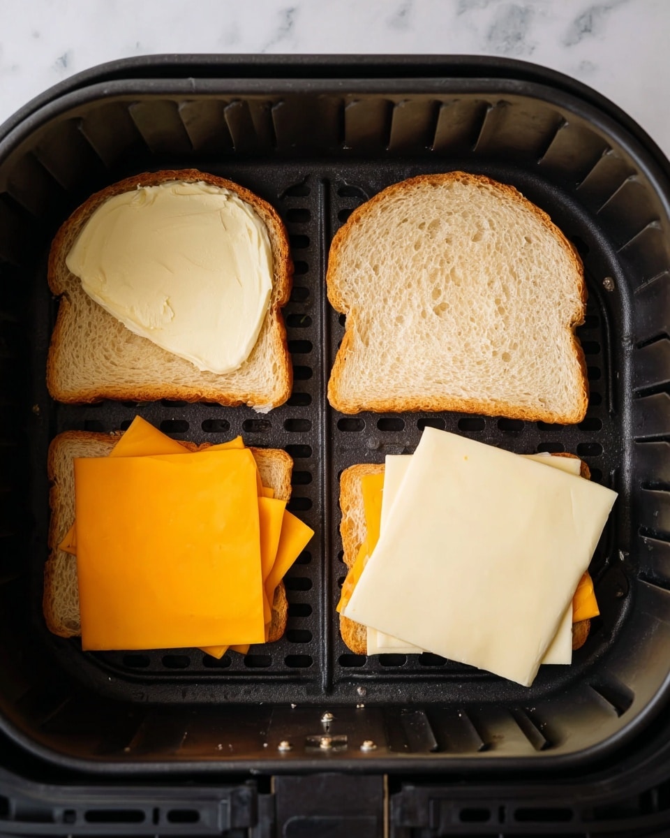 The image shows two open sandwich halves placed inside a black air fryer basket on a white marbled surface. The left half has a slice of light beige bread with butter spread on it, layered with a square slice of orange cheddar cheese and a slice of white cheese underneath. The right half shows the same light beige bread base with one slice of orange cheddar cheese and two rectangular slices of white cheese stacked neatly on top. The basket's grid pattern is visible beneath the sandwiches. Photo taken with an iphone --ar 4:5 --v 7