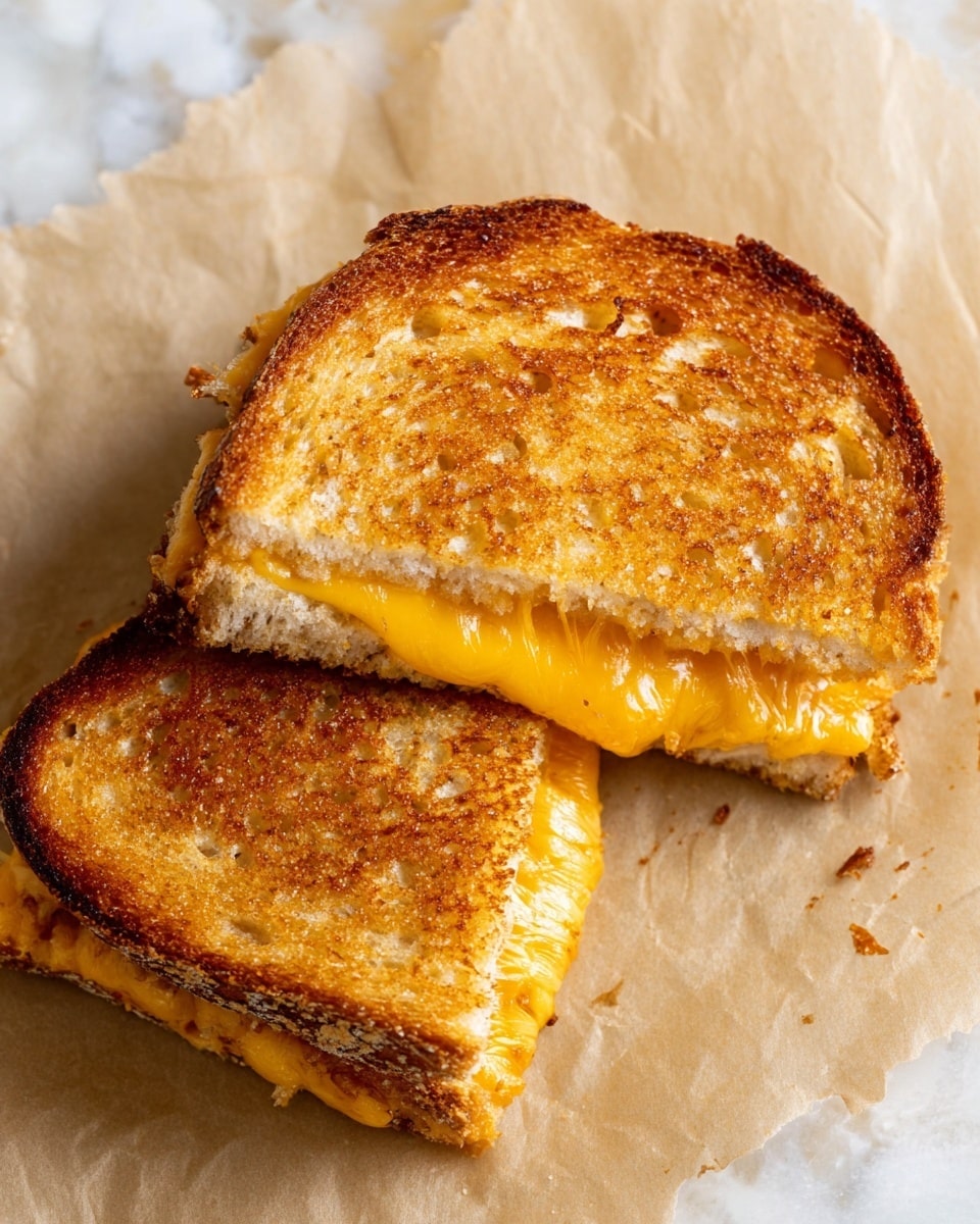 Two grilled cheese sandwiches sit on brown parchment paper on a white marbled surface, one sandwich whole and the other cut in half diagonally. Each sandwich has two layers of golden brown toasted bread with a crispy texture and small air bubbles, filled with melted yellow-orange cheese oozing slightly from the sides. The close-up shows the contrast between the crunchy bread crust and the creamy cheese inside. Photo taken with an iphone --ar 4:5 --v 7