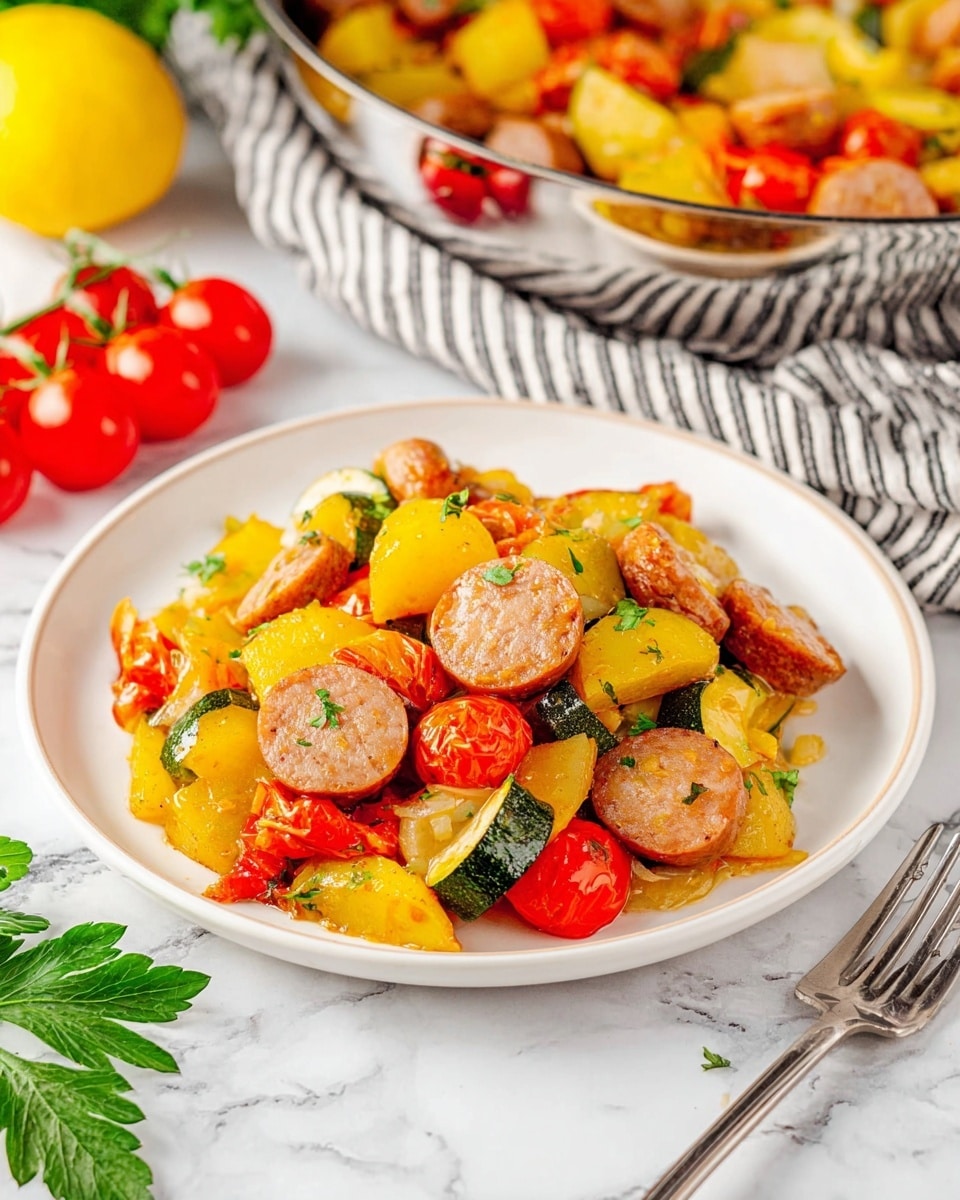 A white plate filled with a mix of four layers of colorful food items: round slices of brown sausage, chunks of yellow potato, green pieces of zucchini, and red cherry tomatoes, all mixed together and coated with a light sauce that gives a shiny look. The plate rests on a white marbled surface with some green parsley leaves near the bottom left and a silver fork on the bottom right. In the background, a large shiny bowl with more of the same food sits next to half a yellow lemon and a small bunch of red cherry tomatoes on the vine. A black and white striped cloth is partially under the bowl. Photo taken with an iphone --ar 4:5 --v 7