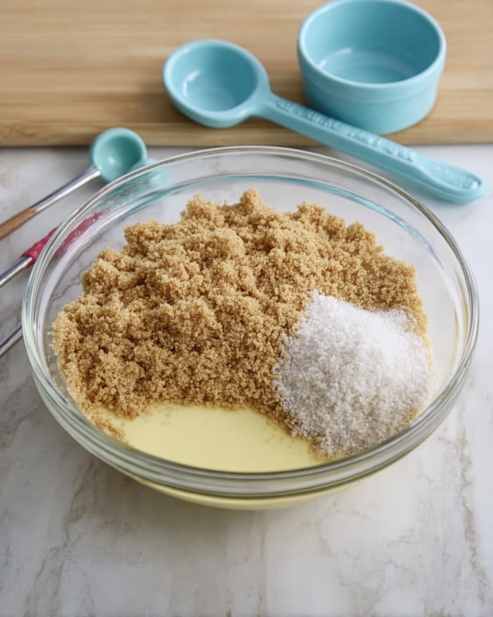 A clear glass bowl is filled with three visible layers: a light yellow wet layer at the bottom, a large layer of light brown crumbs on the top left, and a small heap of white granules on the top right, all sitting neatly without mixing. The bowl is placed on a white marbled surface with measuring spoons and a light blue small pot in the background. Photo taken with an iphone --ar 4:5 --v 7