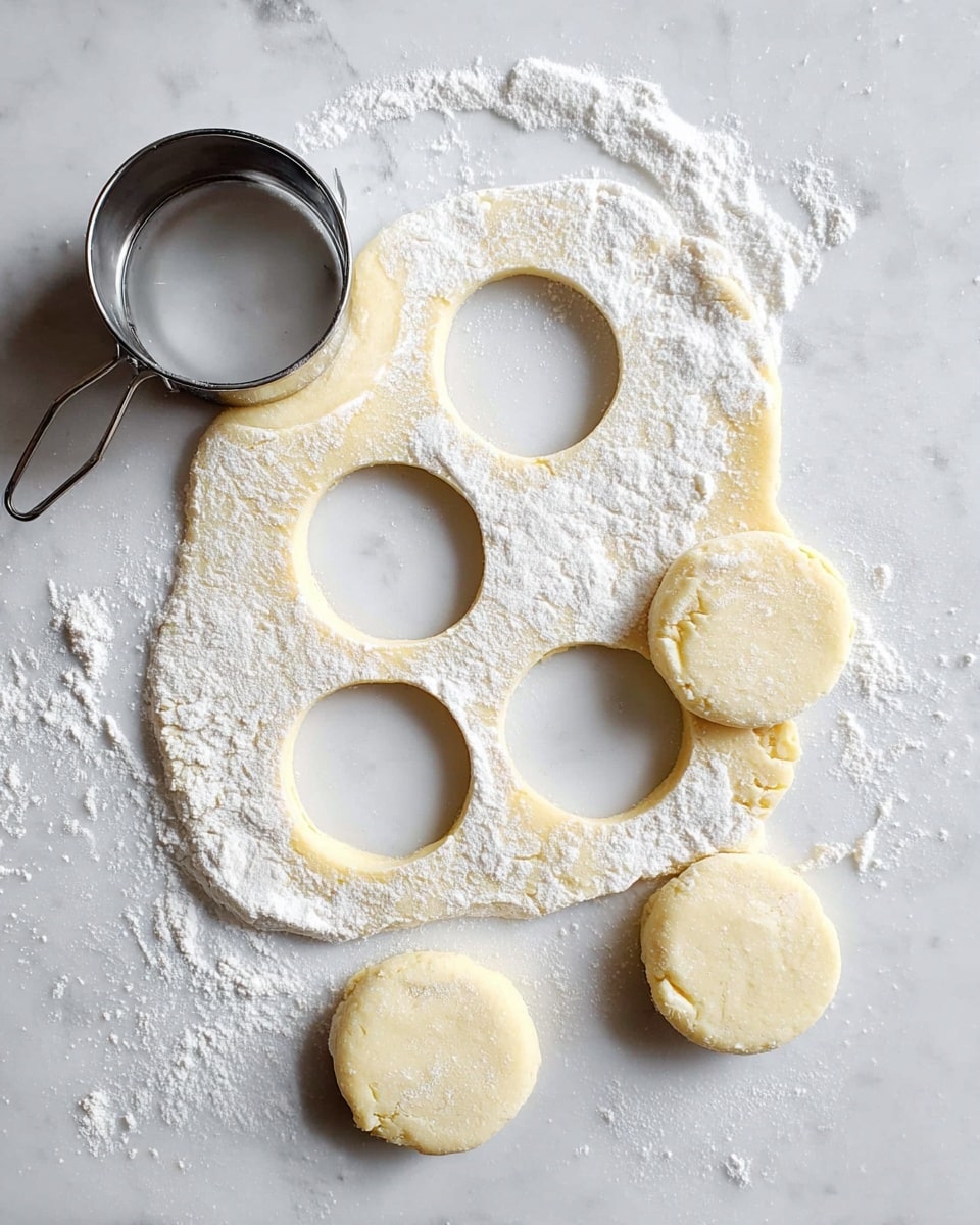 The image shows a white marbled surface with rolled-out dough dusted with white flour, where four round shapes have been cut out, leaving empty circular spaces. Around the dough are four round dough pieces in a soft pale yellow color, each sprinkled lightly with flour. A small metal round cutter with a handle rests on the surface to the left of the dough. The dough looks smooth but slightly cracked in some parts, indicating a soft texture. Photo taken with an iphone --ar 4:5 --v 7