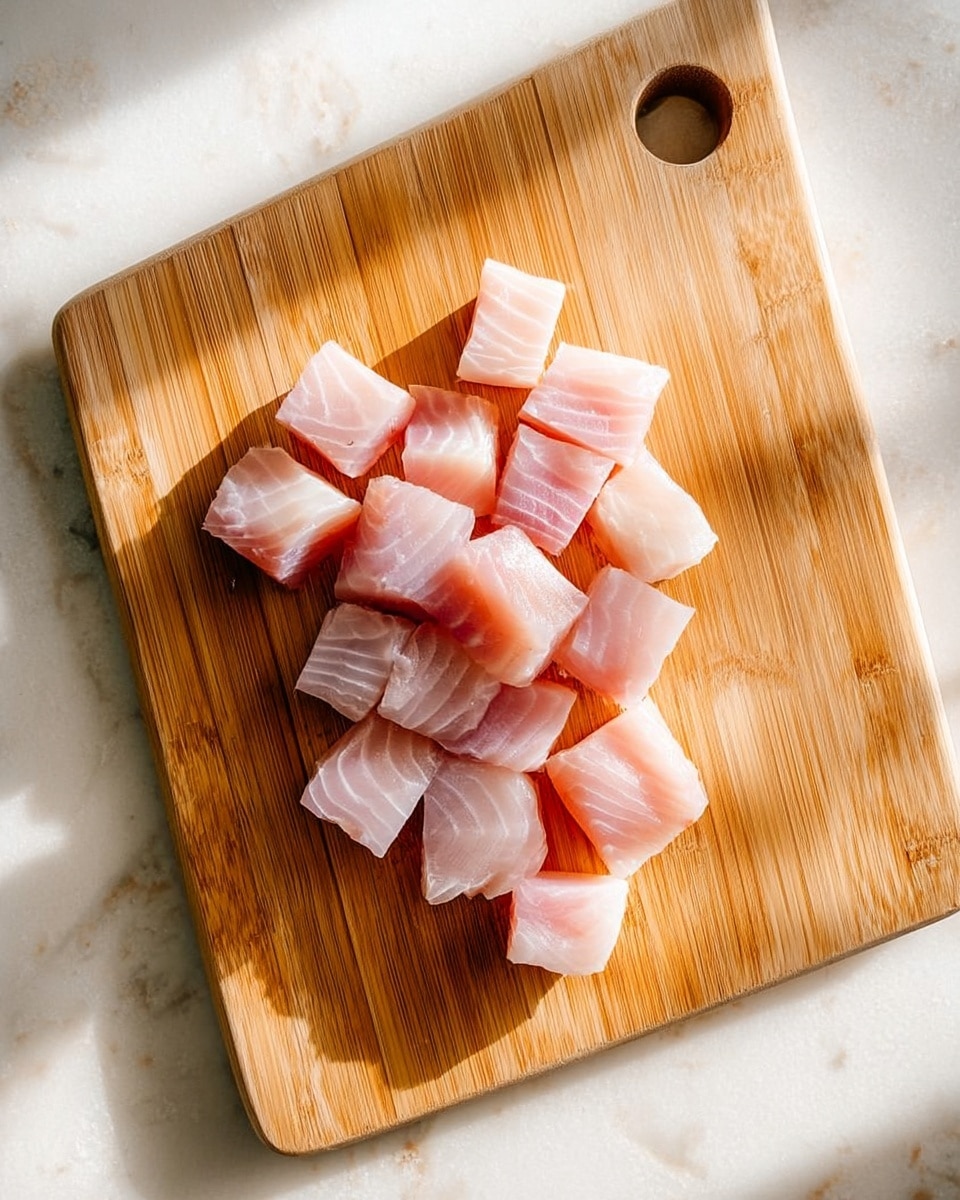 The image shows a wooden cutting board with small pieces of raw fish neatly spread on it. The fish pieces are light pink with white streaks, having a smooth and slightly translucent texture. The cutting board has a grainy light brown color and a handle hole on the top right corner. The background is a white marbled surface with natural light casting soft shadows from the top right side of the frame. photo taken with an iphone --ar 4:5 --v 7