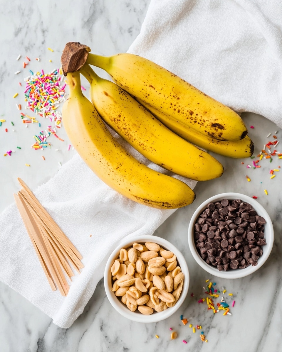 A white marbled surface shows a bunch of five ripe yellow bananas with some brown spots, lying near a white cloth. Around them are scattered colorful sprinkles and dark brown chocolate chips. To the right is a white bowl full of small dark chocolate chips, and below it, a white bowl filled with light brown peanuts. On the left are several light wooden sticks laid out in a small fan shape. photo taken with an iphone --ar 4:5 --v 7