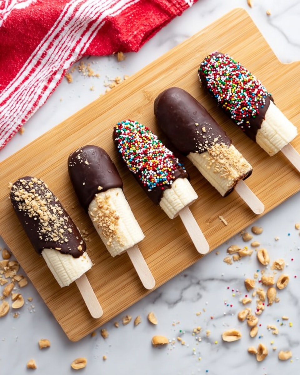 Five frozen banana pops on white sticks are laid out on a light wooden cutting board. Each banana is partially covered with dark chocolate, leaving one end white. Two banana pops have colorful round sprinkles on the chocolate coating, two have crushed peanuts, and one is just covered in dark chocolate. Small pieces of peanuts and sprinkles are scattered around the board. A red and white striped cloth is visible at the top left corner. The background is a white marbled texture. Photo taken with an iphone --ar 4:5 --v 7