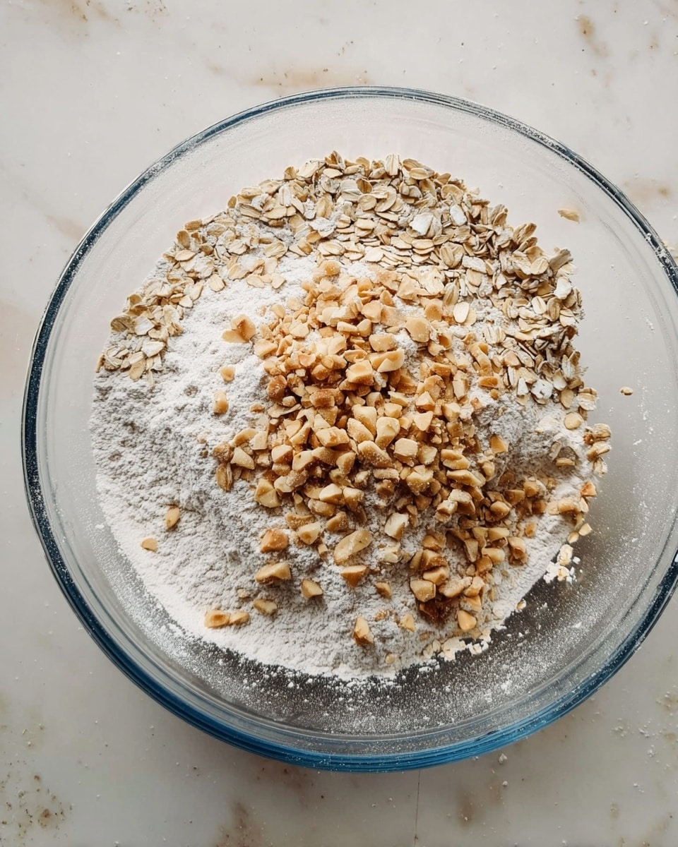 A clear glass bowl shows the dry ingredients layered inside. The bottom layer is a white powdery flour, topped unevenly with light beige rolled oats scattered on one side. Over the oats and flour, there is a layer of small, roughly chopped light brown nuts spread in the center. The bowl sits on a white marbled surface. Photo taken with an iphone --ar 4:5 --v 7