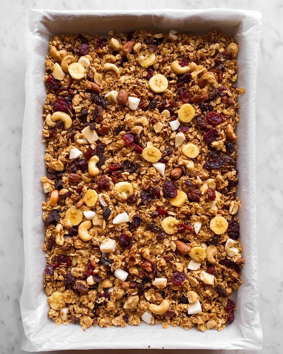 A large white baking tray lined with white parchment paper holds an even layer of granola mix. The granola is golden brown with clusters of oats, scattered with dried banana chips in light yellow, dried red cranberries, dark raisins, whole cashew nuts, whole almonds, and small white chocolate chips spread across the top. The mix shows different textures, from crunchy oats to smooth nuts and chewy dried fruits, all resting on the parchment-lined tray on a white marbled surface photo taken with an iphone --ar 4:5 --v 7