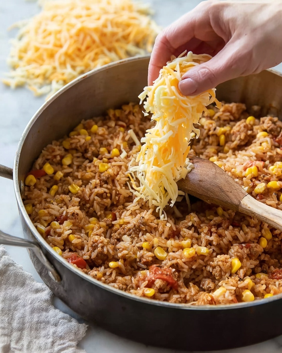 A close-up view of a large metal pan filled with a cooked mixture of rice, ground meat, corn, and diced tomatoes, showing different textures from soft rice grains to hearty meat and bright yellow corn kernels. Sitting on the right side inside the pan is a wooden spoon with a flat end, partly submerged in the food, standing upright. A woman's hand is above the pan, gently holding a bunch of shredded yellow and white cheese, ready to sprinkle it over the hot mixture. In the background, there is a pile of the same shredded cheese slightly out of focus, and the whole scene rests on a white marbled surface. Photo taken with an iphone --ar 4:5 --v 7