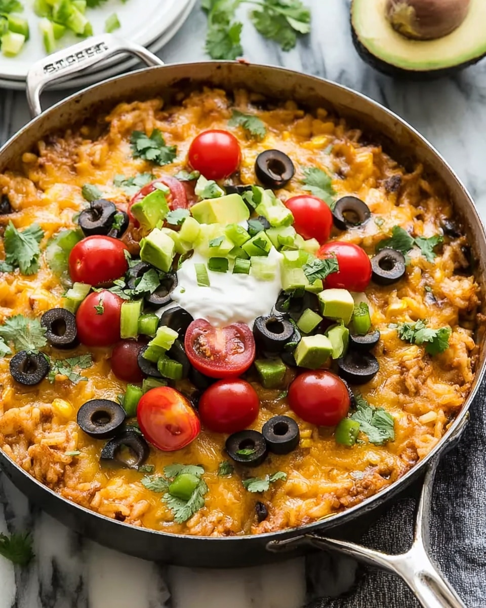 A skillet filled with a baked cheesy rice dish that has a golden brown top layer with melted cheese and bits of corn visible. On top of the cheese is a layer of sour cream in the center, surrounded by chopped cherry tomatoes, sliced black olives, fresh green cilantro leaves, and small cubes of green avocado. The skillet is placed on a white marbled surface with a white plate holding half an avocado blurred in the background. The dish looks warm and colorful. photo taken with an iphone --ar 4:5 --v 7