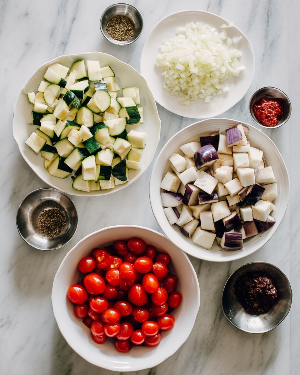 The image shows six containers with different ingredients arranged over a white marbled surface. On the top right, a white plate holds diced purple and white eggplants with a matte texture. Below this, a large white bowl is filled with glossy, bright red cherry tomatoes, some darker in color. To the left of the cherry tomatoes, another white plate has chopped zucchini pieces in light green and white colors, with a fresh, slightly shiny texture. Above this plate, a white plate holds finely chopped white onions and minced garlic with a soft texture. Around these plates are three small silver bowls: one contains a greenish spice blend, the second has coarse salt and pepper, and the third holds a thick red paste. Below these bowls, another silver bowl contains a dark paste with a rough texture. photo taken with an iphone --ar 4:5 --v 7