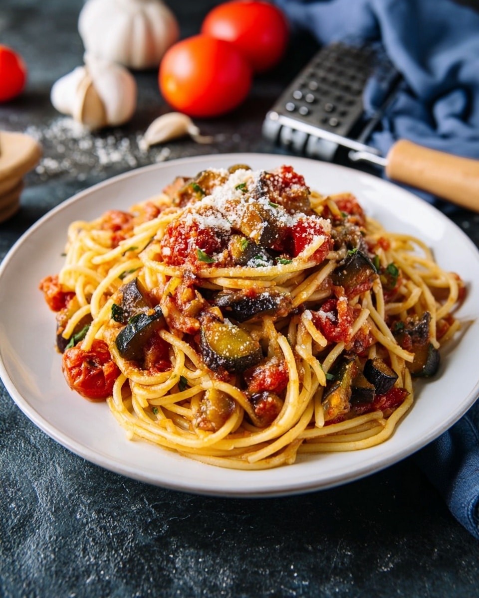 A white plate holds a serving of spaghetti mixed with pieces of cooked zucchini, eggplant, and cherry tomatoes. The spaghetti is light yellow and glossy, mingled with chunks of red tomato sauce and dark green and purple vegetable bits scattered throughout. The dish is topped with a light sprinkle of grated cheese, adding a fine white layer over the colorful mix. The plate is placed on a dark textured surface with a grater and garlic nearby, as well as a few whole tomatoes and a blue cloth in the background. Photo taken with an iphone --ar 4:5 --v 7