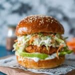 Buffalo Chickpea Veggie Burgers with Ranch Slaw Recipe