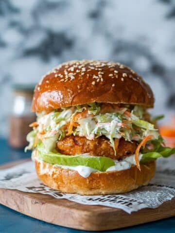 Buffalo Chickpea Veggie Burgers with Ranch Slaw Recipe