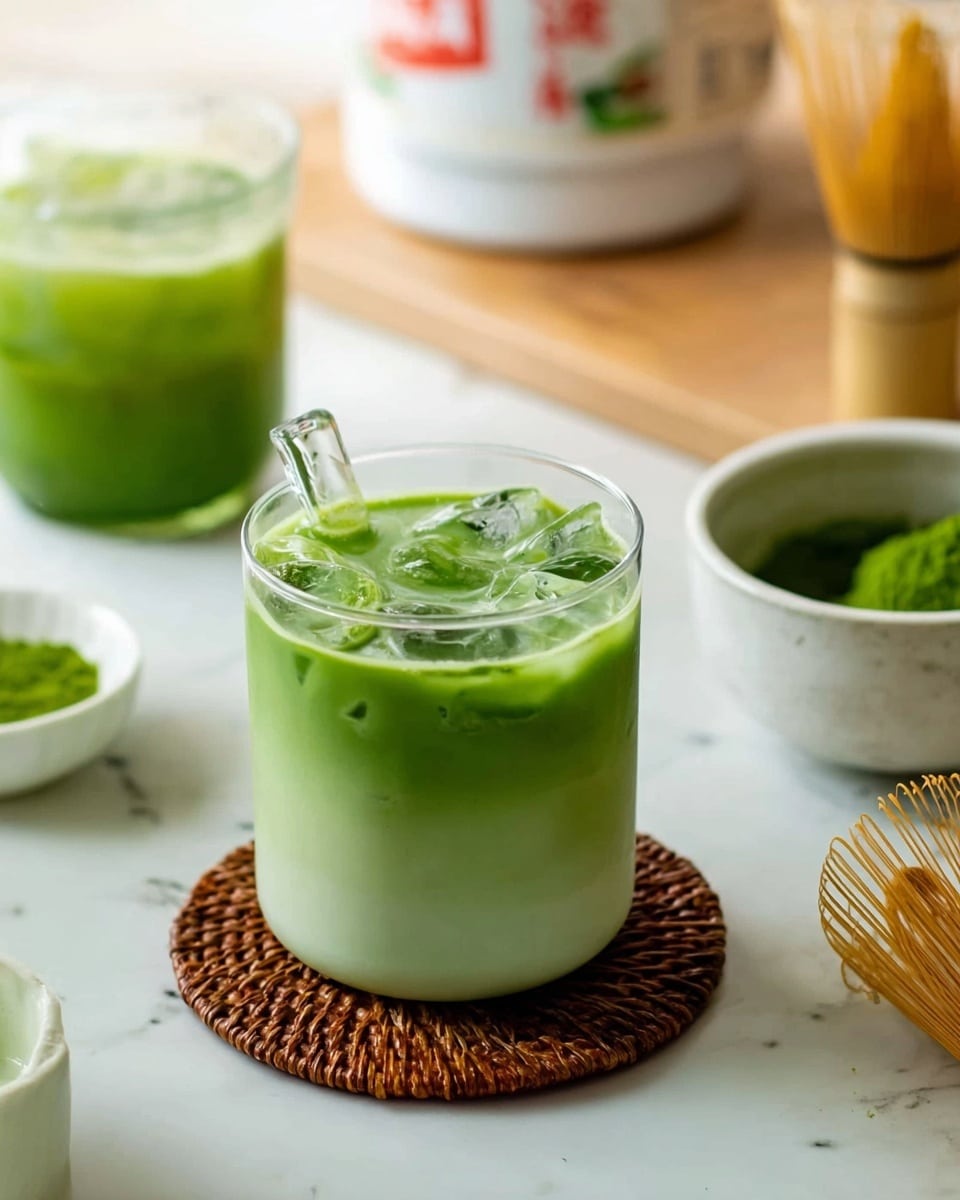 A clear glass filled with two layers of iced matcha drink sits on a round brown woven coaster over a white marbled surface. The bottom layer is a pale creamy green with a smooth texture, while the top layer is a bright vivid green liquid with a few ice cubes floating and a transparent straw placed inside. In the background, there is another glass with a similar iced matcha drink, a small white bowl containing green powder, and a white container with red and black writing. To the right, a white ceramic bowl with green matcha paste and a wooden matcha whisk rest on a piece of wood. Photo taken with an iphone --ar 4:5 --v 7
