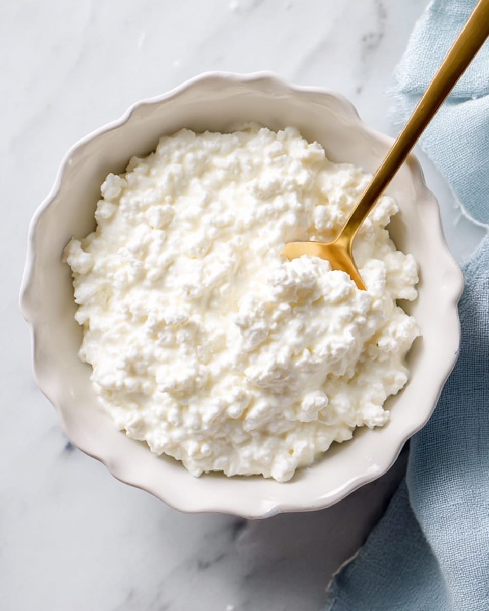 A white scalloped bowl filled with a creamy, lumpy white cottage cheese, showing thick texture with small curds all over. A shiny golden spoon rests inside the bowl, partially dipped in the cottage cheese, its handle pointing out to the right. The bowl sits on a white marbled surface with a soft blue cloth partially visible in the top right corner. photo taken with an iphone --ar 4:5 --v 7