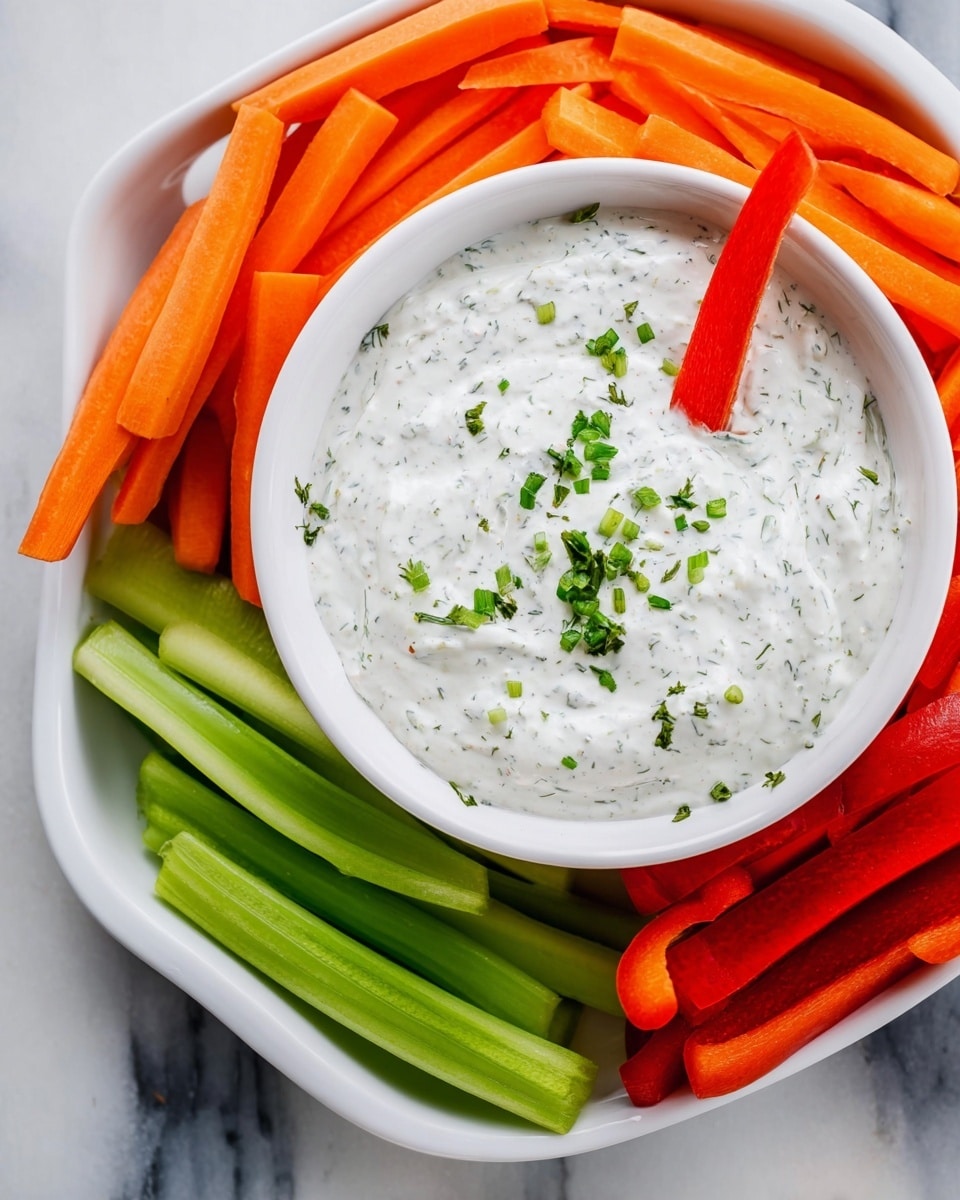 A white bowl filled with creamy white dip speckled with green herbs sits at the center of a white tray. Around the bowl are three layers of vegetable sticks: bright orange carrot sticks, green celery sticks, and vibrant red bell pepper strips, arranged neatly on a white marbled surface. A single red pepper strip is dipped into the creamy dip, which is topped with small green herb pieces. The scene is fresh and colorful, with a good mix of smooth and crunchy textures. photo taken with an iphone --ar 4:5 --v 7