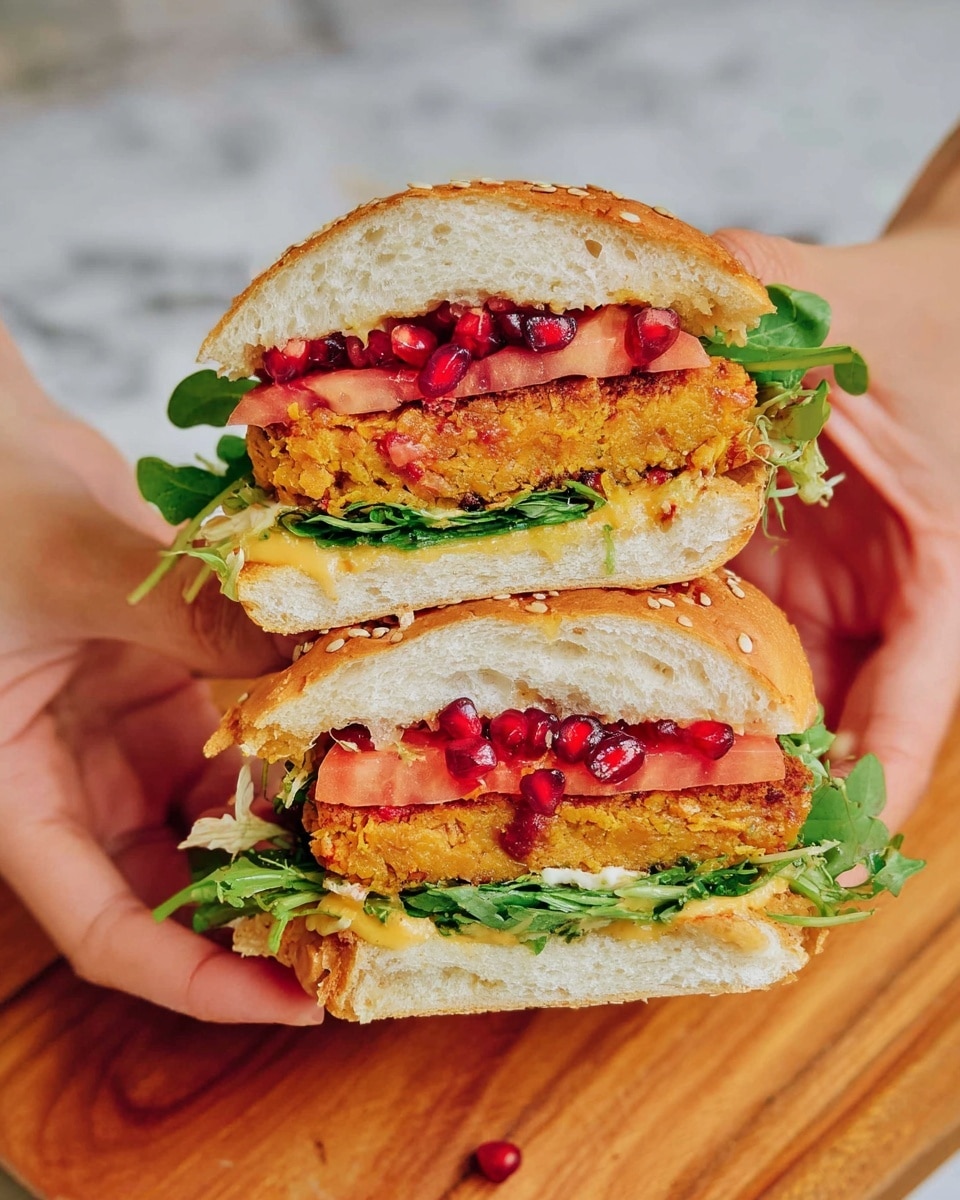 A close-up of a sandwich held by two woman's hands, sliced in half and stacked. Each half shows a white yet soft bun with a light crumb and sesame seeds on top. Inside, there is one thick layer of golden-orange patty with a slightly crumbly texture, topped with small red pomegranate seeds. Below the patty, there is a bright red slice of tomato, followed by a layer of crisp green lettuce, and a thin spread of yellow sauce visible around the edges. The sandwich rests on a wooden surface, with a soft blurred white marbled background. Photo taken with an iphone --ar 4:5 --v 7