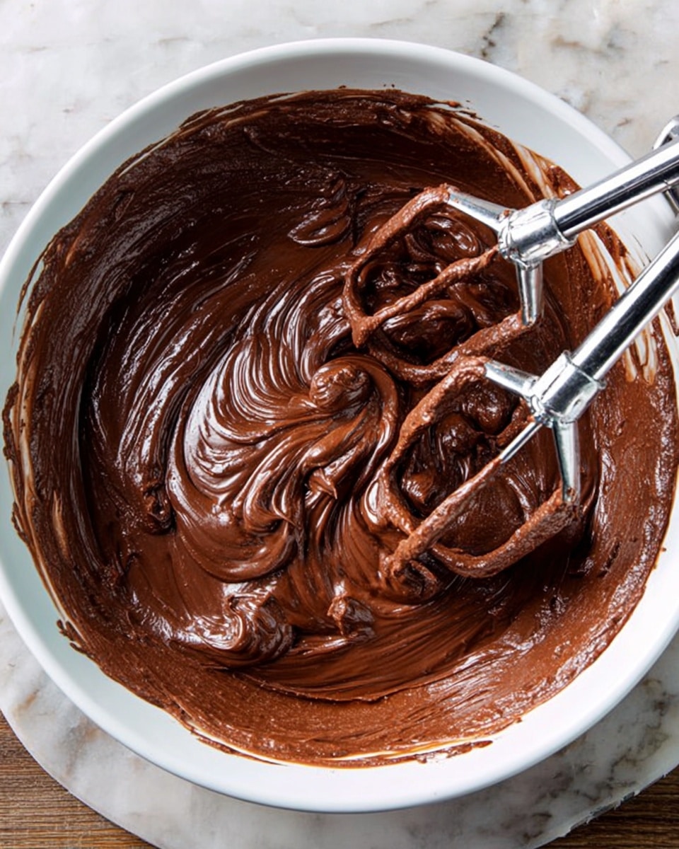 A large white bowl filled with thick, smooth, and shiny chocolate batter being mixed by two silver beaters attached to a hand mixer. The chocolate mixture is richly dark brown and creamy, swirling around the beaters with some batter stuck on the sides of the bowl. The bowl rests on a white marbled surface. photo taken with an iphone --ar 4:5 --v 7