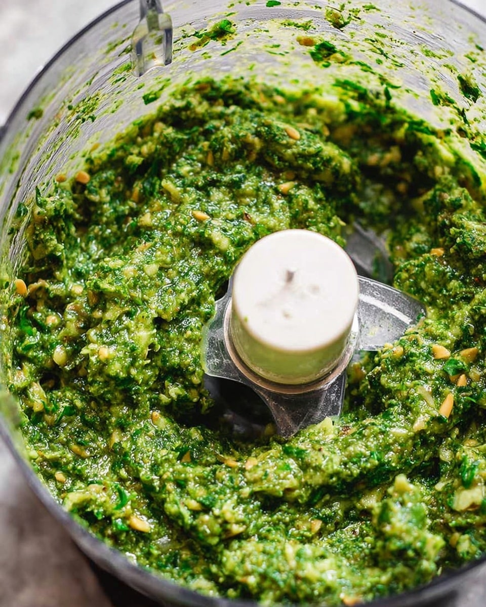 The image shows a close-up of a clear food processor bowl filled with a thick, chunky green mixture that looks like freshly made pesto. The pesto has visible small bits of herbs and nuts, giving it a rough texture with different shades of green and some light beige from the nuts. The bowl has some pesto splashes on its inner walls, and the center blade holder is clear plastic. The background is a white marbled surface. Photo taken with an iphone --ar 4:5 --v 7