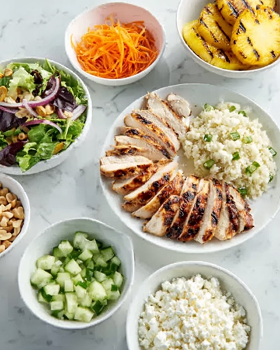The image shows a white plate in the center with several slices of grilled chicken arranged in a circular layer, showing light brown grilled marks and a slightly textured surface. Surrounding this main plate are smaller white bowls and plates with different food items: on the left, a bowl with a mix of green leafy salad with purple and yellow vegetables, a small bowl of light brown nuts, and a bowl filled with thin orange shredded carrots. On the right side, there is a bowl with yellow grilled pineapple rings with visible grill lines and a bowl full of white rice mixed with green herbs. Another small bowl contains diced green cucumbers, and in the front, there is a bowl with white crumbly cheese. All dishes sit on a white marbled surface. The photo was taken with an iphone --ar 4:5 --v 7