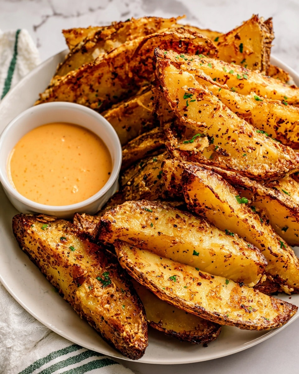 The image shows a white plate filled with thick potato wedges stacked closely together. The wedges have a golden brown color with a crispy texture, speckled with herbs and seasoning on their rough edges and skins. On the lower left side of the plate, there is a small round bowl filled with a smooth, light orange dipping sauce. The plate sits on a white marbled surface with a white cloth featuring green stripes partly visible at the bottom left corner. photo taken with an iphone --ar 4:5 --v 7