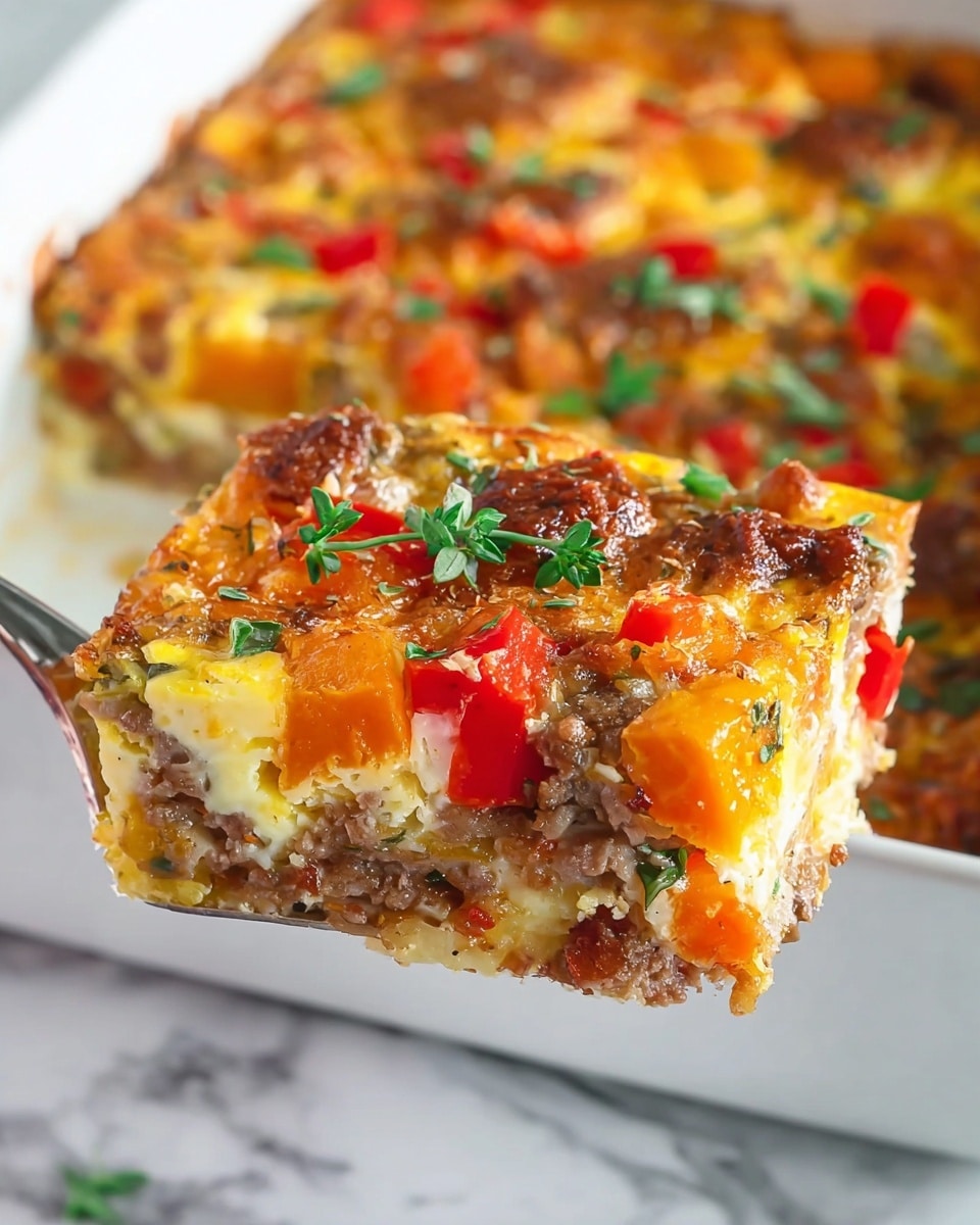 A square piece of casserole lifted on a spatula shows a layered mix of light golden egg base with chunks of orange sweet potato, browned meat bits, and bright red bell pepper pieces, sprinkled with small green herb leaves. The casserole in the background sits in a white baking dish on a white marbled surface. The top layer has a slightly crisp golden texture with melted cheese, while the inside appears moist and chunky with visible layers of vegetables and meat photo taken with an iphone --ar 4:5 --v 7