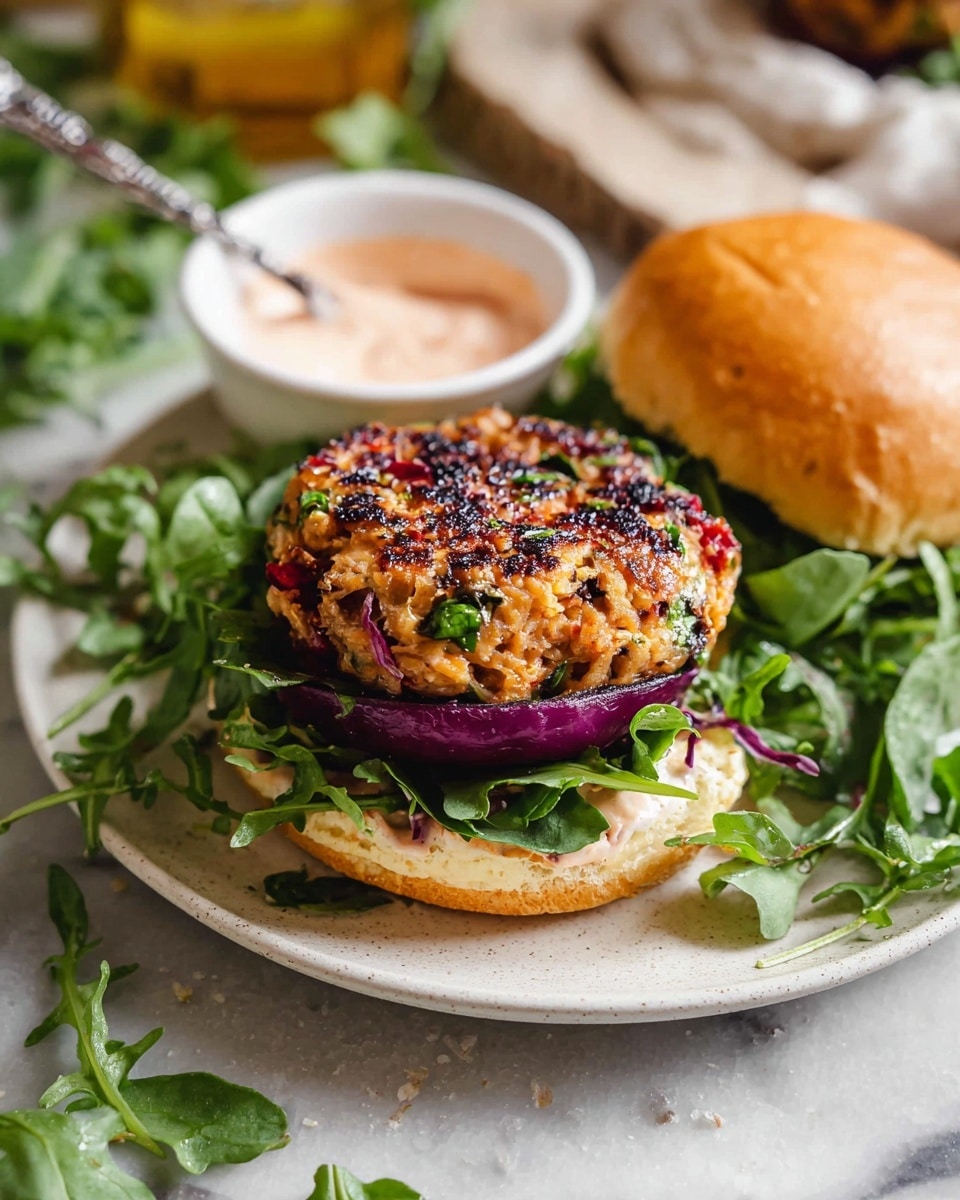 A white plate holds a sandwich with five visible layers. The bottom layer is a soft, light brown bun. On top, there is fresh green arugula with thin, leafy texture. Above the greens, there is a thick, round slice of deep purple eggplant. Above the eggplant, there is a large, golden-brown, textured patty with bits of red and green herbs visible. Spread on top of the patty is a light-colored creamy sauce with some orange tint. The top layer is a soft, smooth, golden brown bun. The sandwich is held by a woman's hand, and the background shows scattered green leaves on a white marbled surface. In the back, a small white bowl with a spoon and creamy sauce is slightly blurred. Photo taken with an iphone --ar 4:5 --v 7