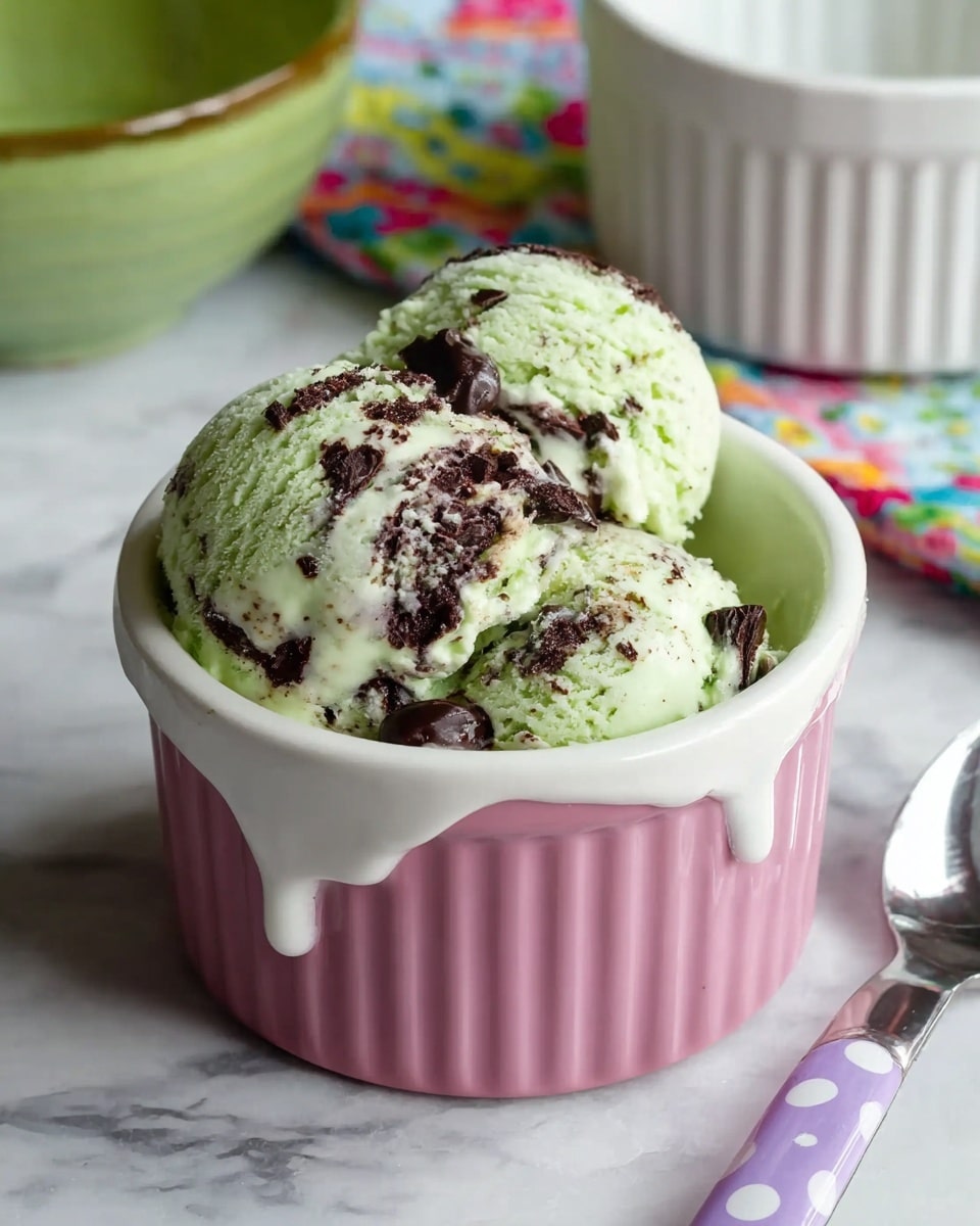 A serving of two scoops of mint chocolate chip ice cream sits in a white ceramic ramekin with pink ridges and a dripping white glaze effect on the rim. The ice cream is pale green with dark chocolate chunks scattered throughout, showing a creamy and slightly rough texture. The ramekin is placed on a white marbled surface with a metal spoon beside it. The spoon has a handle decorated with light purple and white polka dots. In the background, a blurred white ramekin and part of a green container sit on a colorful patterned cloth. photo taken with an iphone --ar 4:5 --v 7