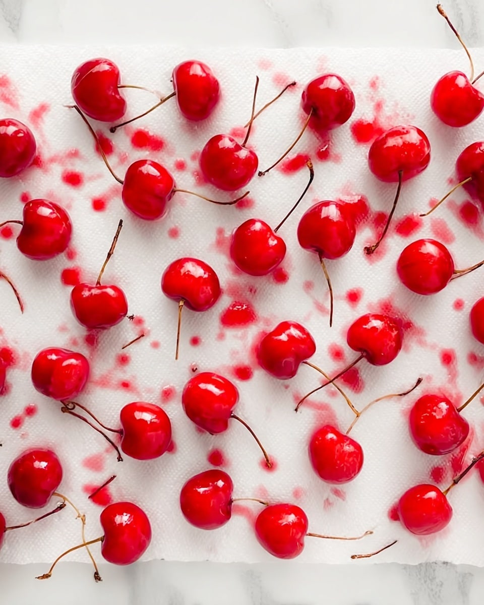 The image shows a white paper towel laid flat on a white marbled surface, with many shiny red cherries with stems spread out evenly across it. Red juice stains are visible around some cherries, creating bright red spots on the white paper towel. The cherries have a glossy, smooth texture, and their long, thin brown stems curve naturally. The overall look is fresh and vibrant, with the red cherries standing out against the clean white background. photo taken with an iphone --ar 4:5 --v 7