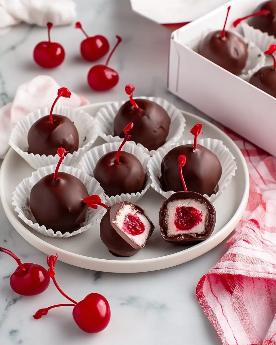 The image shows a white round plate with eight chocolate-covered cherries placed on it, each with a red cherry stem sticking out. One cherry is cut in half, revealing a bright red cherry center with a white creamy layer surrounding it, all coated in smooth dark brown chocolate. Next to the plate is a white box lined with white paper cups holding a few more chocolate-covered cherries. Bright red cherries with stems lie on the white marbled surface near the plate. A pink and white checked cloth is partially visible under the box and plate, adding soft color to the scene. photo taken with an iphone --ar 4:5 --v 7