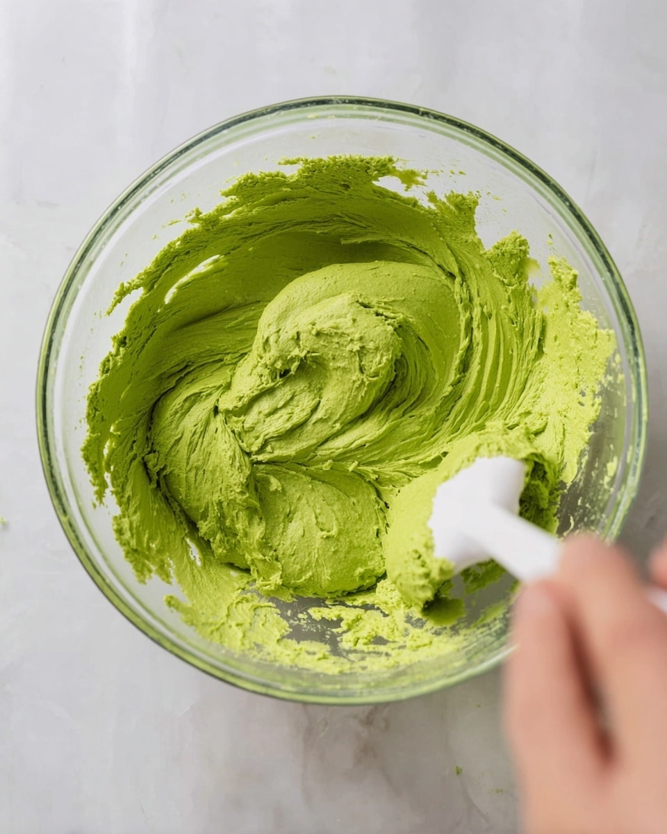 The image shows a clear glass mixing bowl on a white marbled surface, filled with a thick, smooth, bright green dough-like mixture. A woman's hand is holding a white spatula visible above the bowl, slightly blurred in motion as it stirs the dough. The green mixture has a soft, creamy texture with some grooves and swirls from stirring, and bits of the mixture stick lightly to the bowl's sides. Photo taken with an iphone --ar 4:5 --v 7